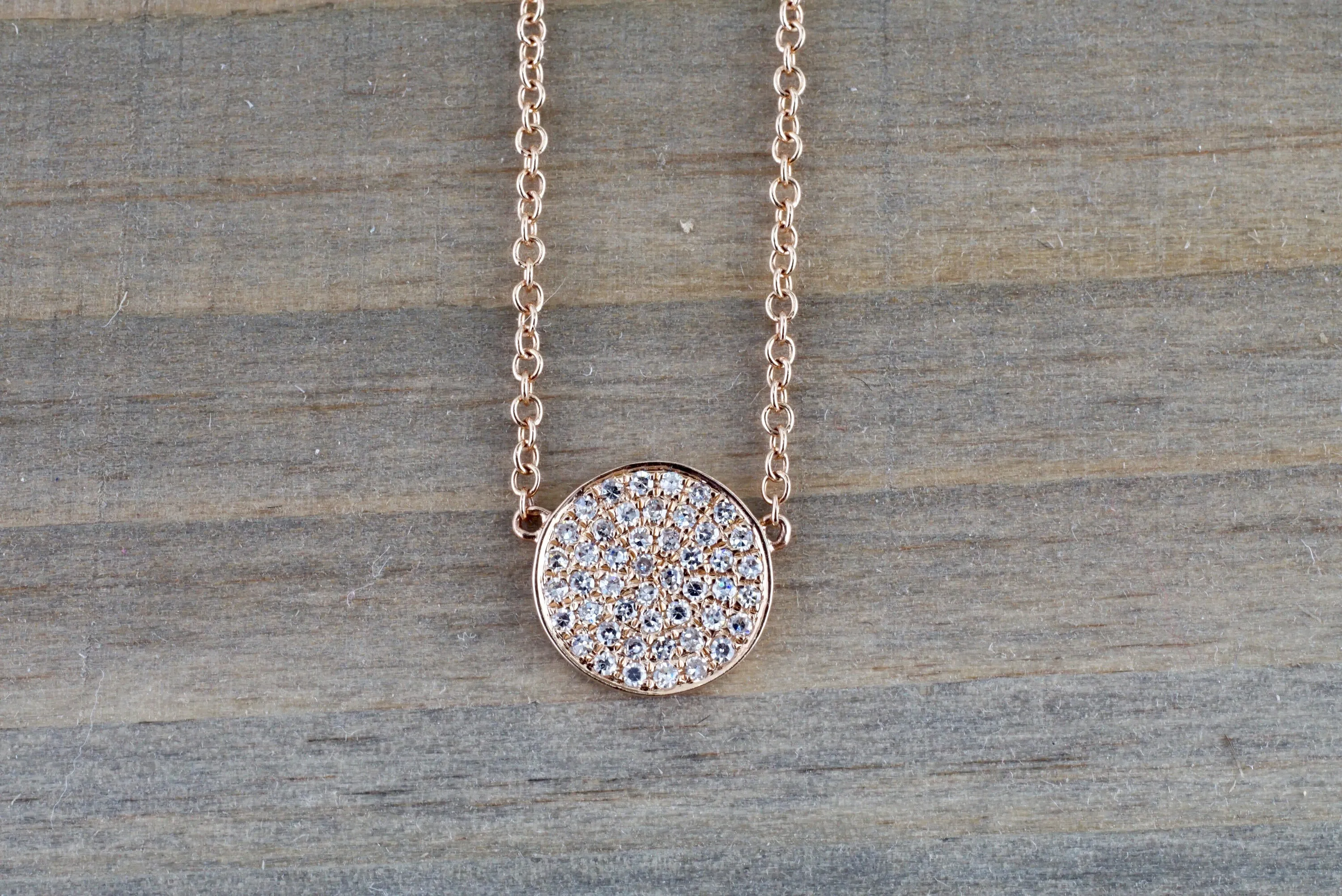 14k Rose Gold Circle Disk Round Micro Pave Diamond Invisible Dainty Pendant Charm