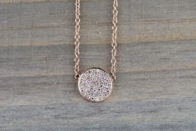 14k Rose Gold Circle Disk Round Micro Pave Diamond Invisible Dainty Pendant Charm