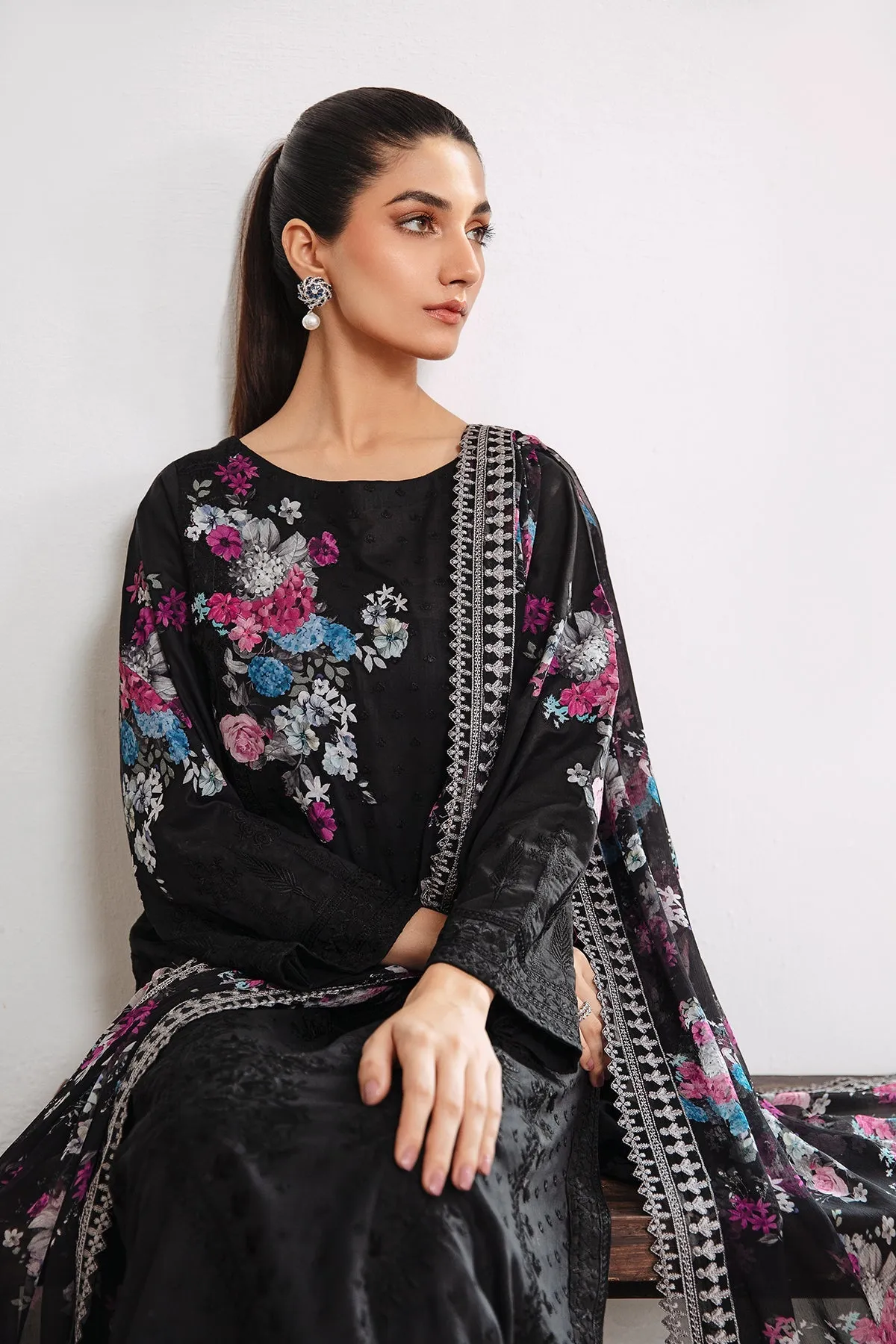 3-Pc Charizma Unstitched Embroidered Lawn With Chiffon Dupatta CM23-01