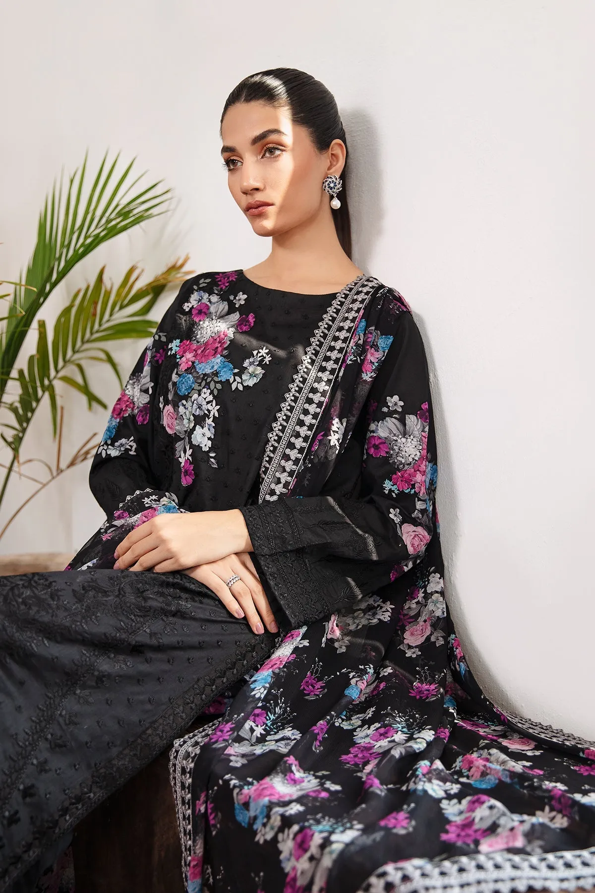 3-Pc Charizma Unstitched Embroidered Lawn With Chiffon Dupatta CM23-01