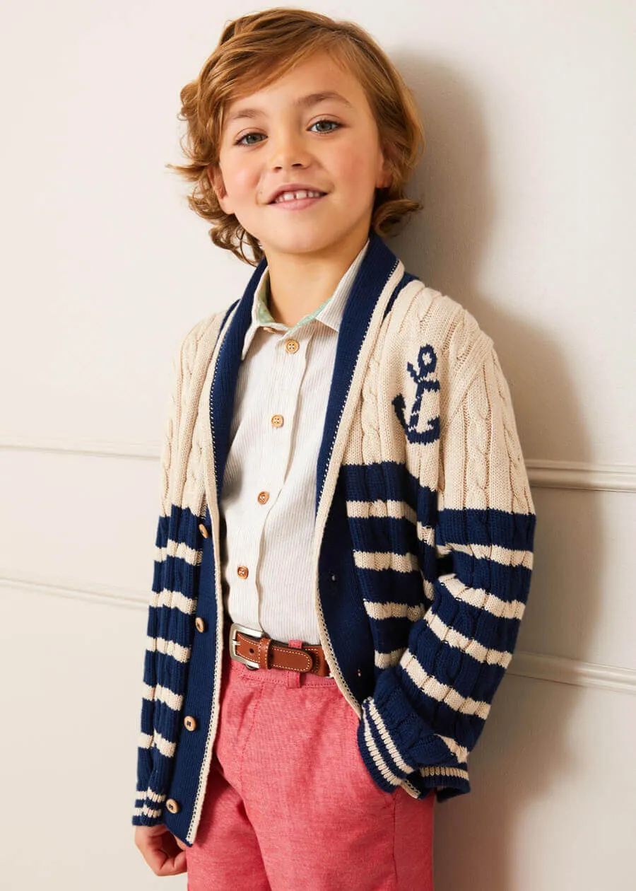 Anchor Motif Striped Cable Knit Cardigan in Navy (2-10yrs)