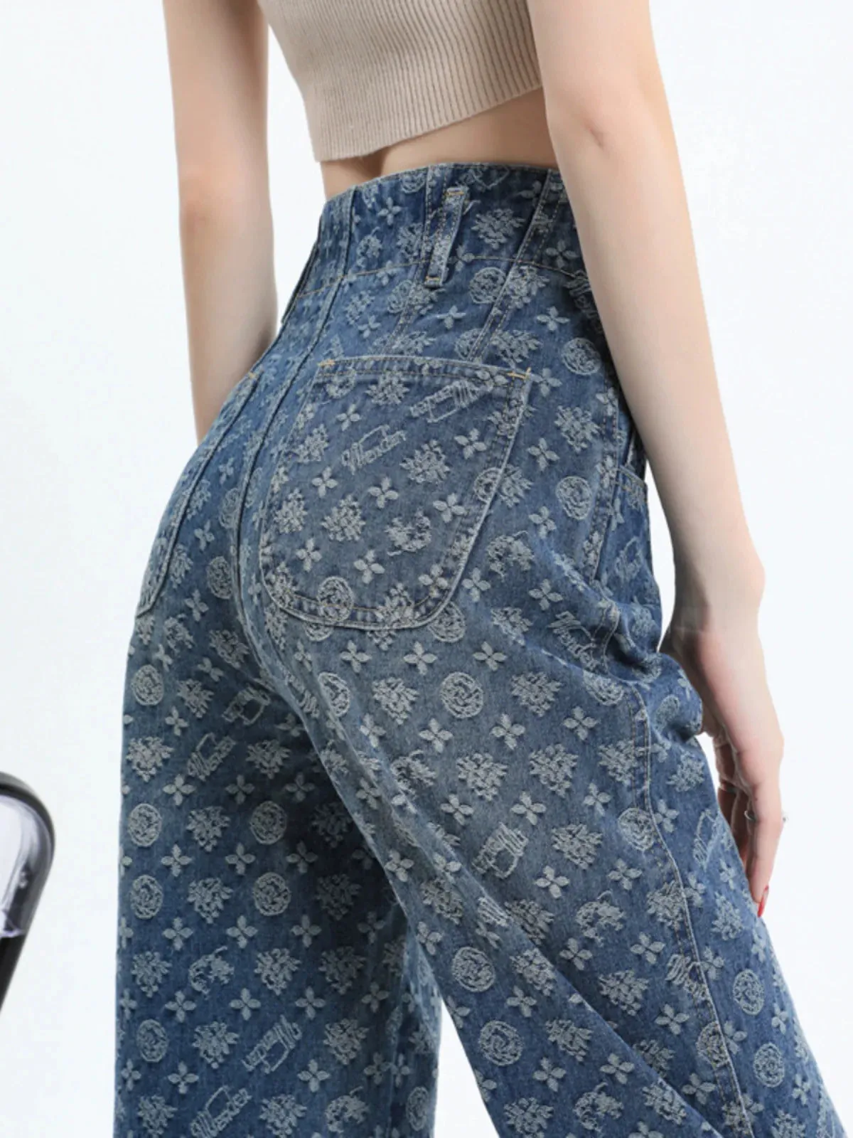 Autumn printed wide-leg jeans for women 2023 new design niche retro high-waisted straight floor-length trousers