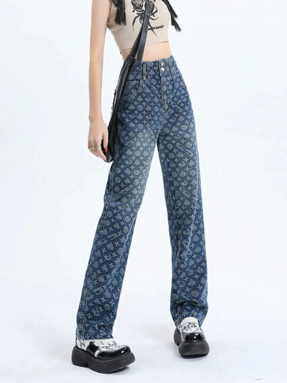 Autumn printed wide-leg jeans for women 2023 new design niche retro high-waisted straight floor-length trousers