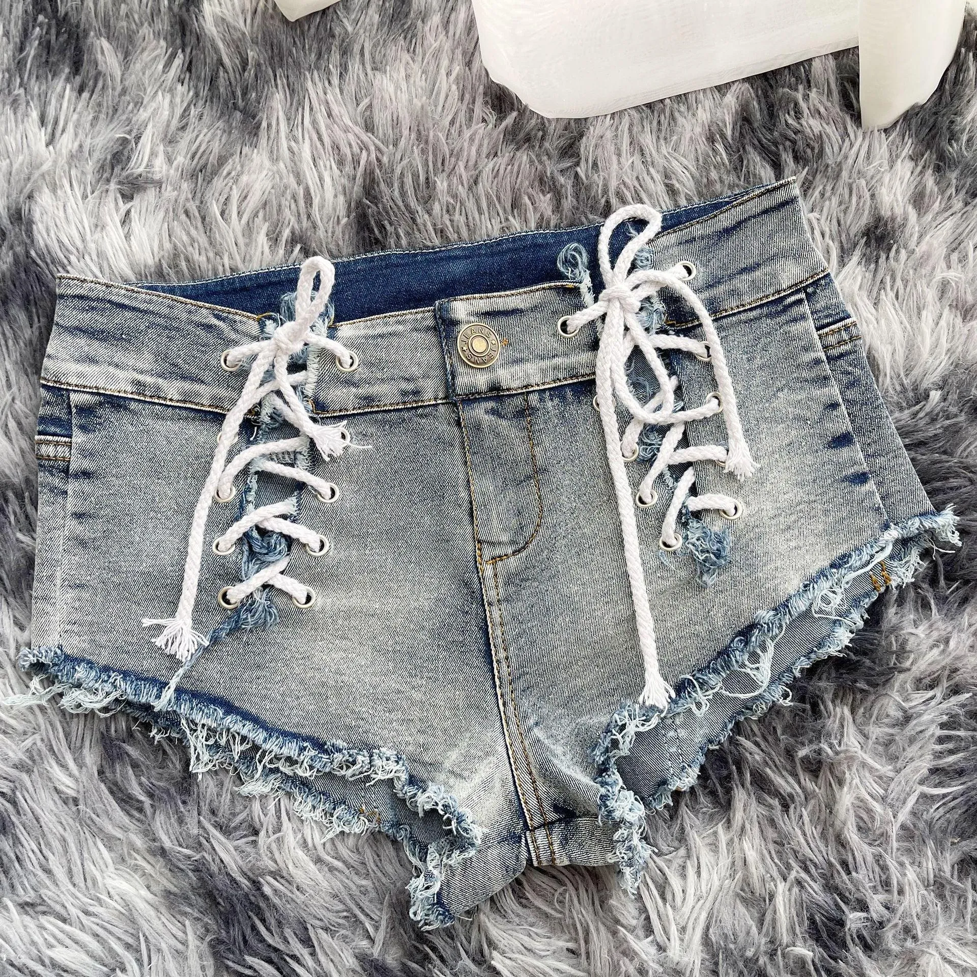 Bandage Denim Shorts Elastic Lace Up Ultra Short