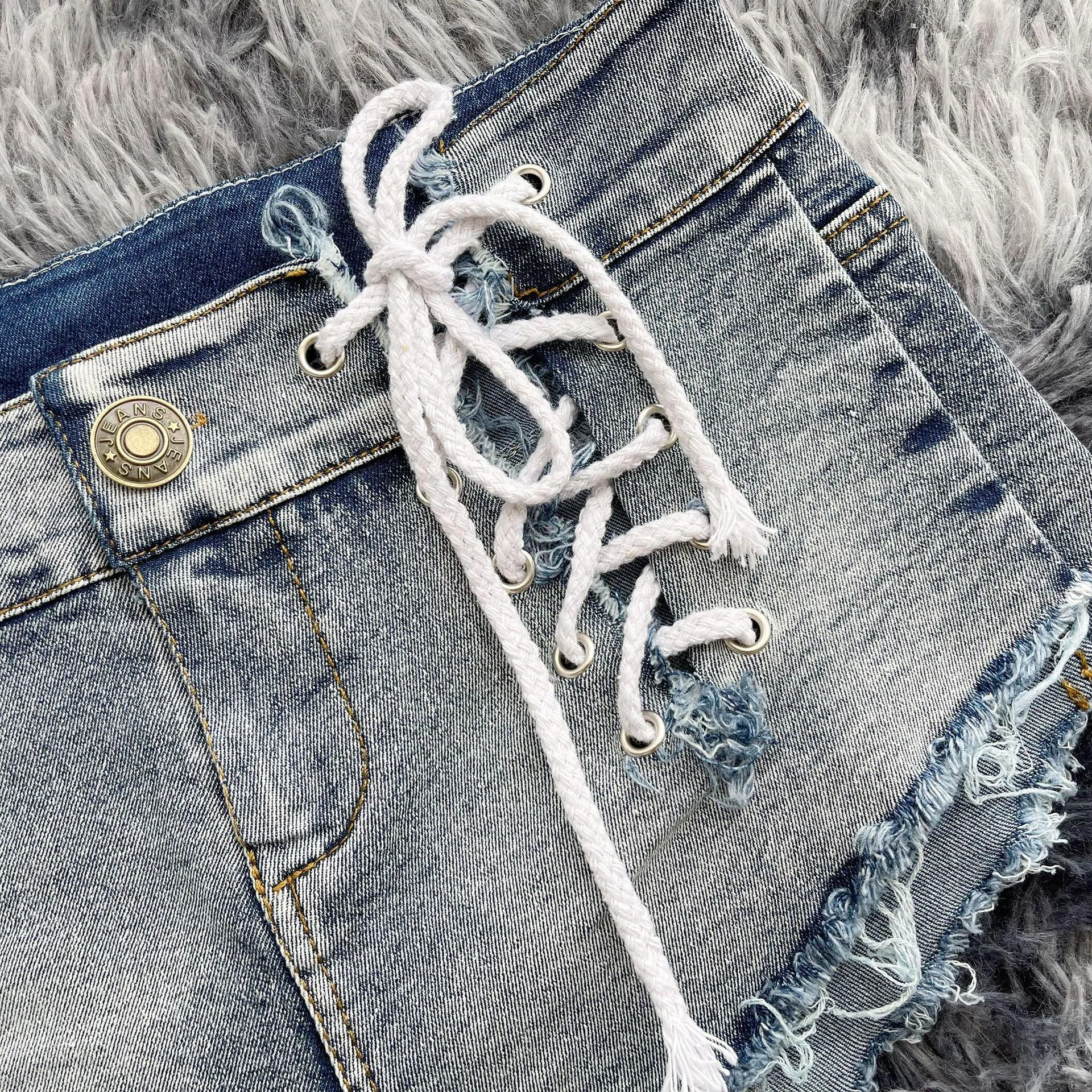 Bandage Denim Shorts Elastic Lace Up Ultra Short