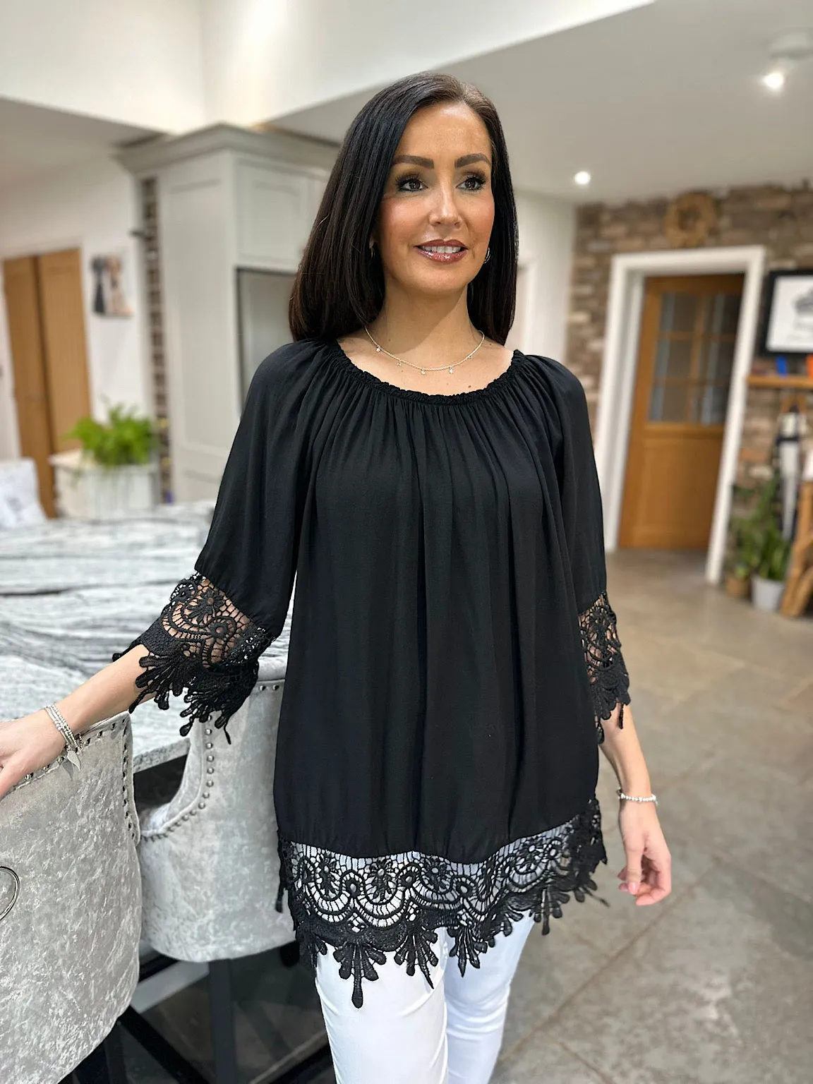 Black Crochet Detail Bardot Top Jayne