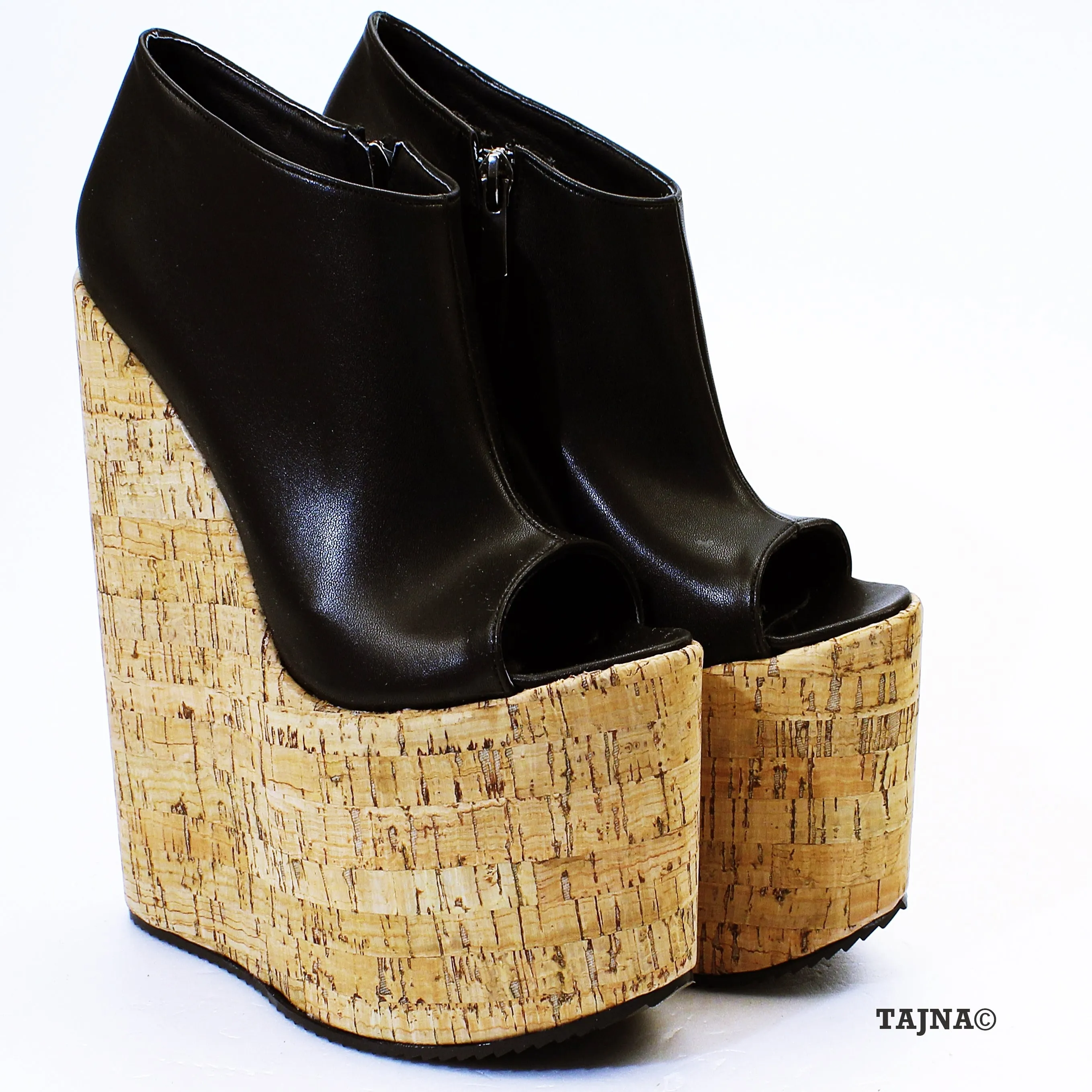 Black Platform Peep Toe High Heel Wedges