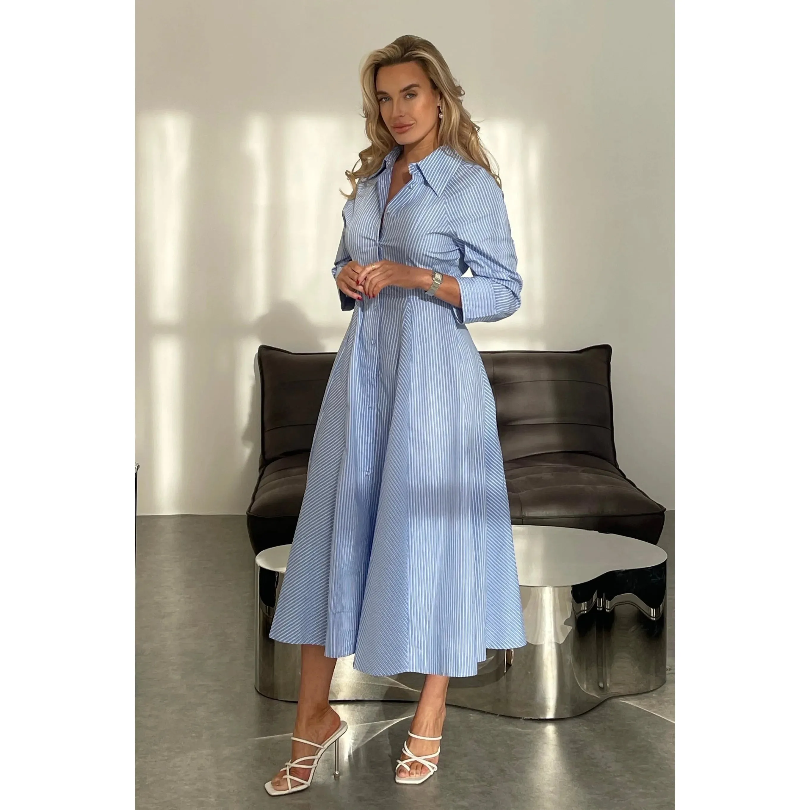 Blue Pinstripe Button Down Midi Shirt Dress