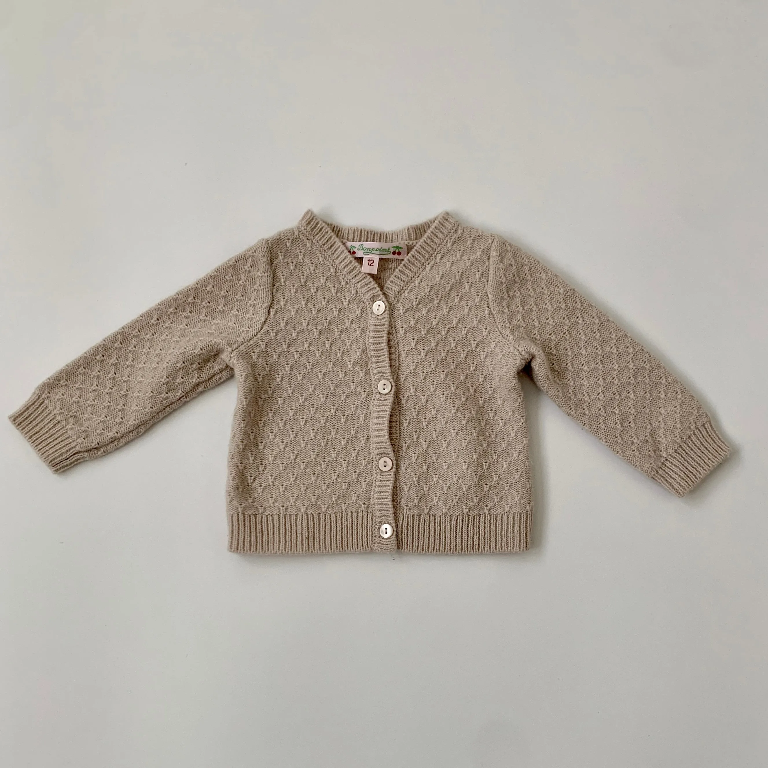 Bonpoint Cafe Au Lait Cashmere Cable Knit Cardigan: 12 Months