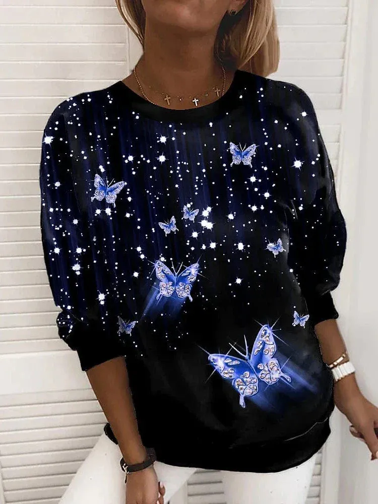 Butterfly Glitter Print Women's Sweatshirt Hoodies Green Blue Purple