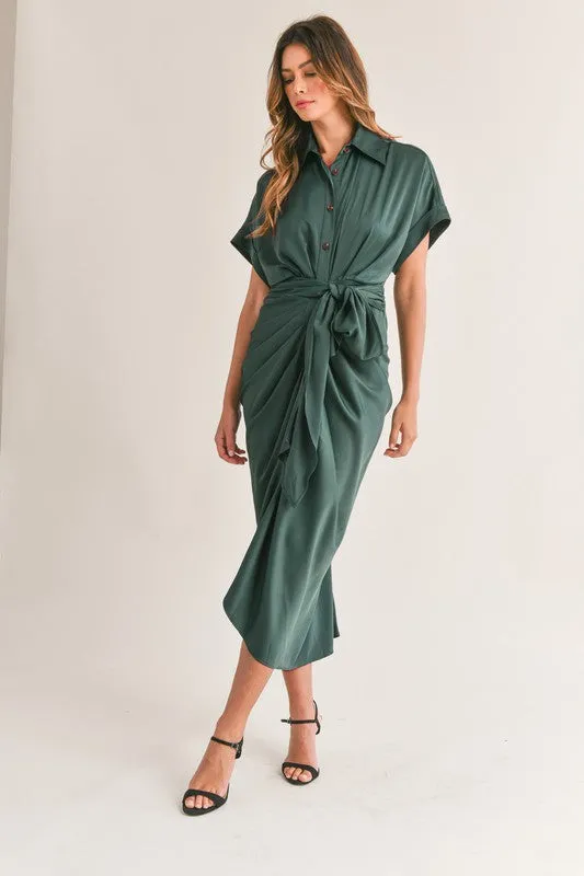 Button Down Satin Dress With Front Tie