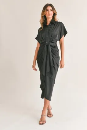 Button Down Satin Dress With Front Tie