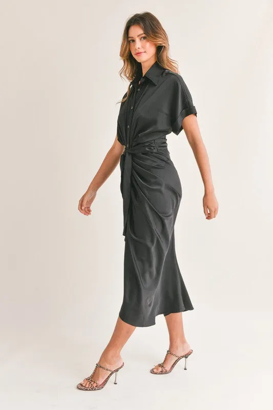 Button Down Satin Dress With Front Tie