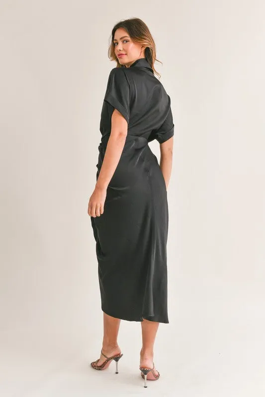 Button Down Satin Dress With Front Tie