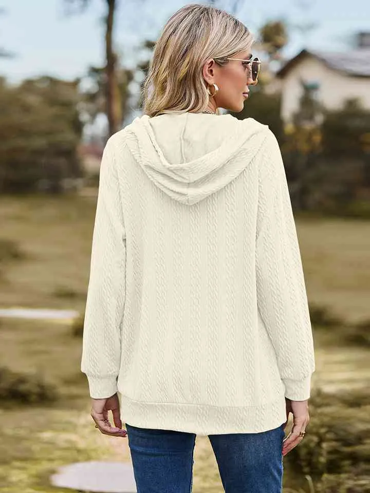 Cable-Knit Zip-Up Hooded Blouse