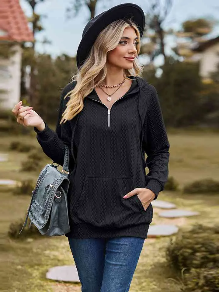 Cable-Knit Zip-Up Hooded Blouse