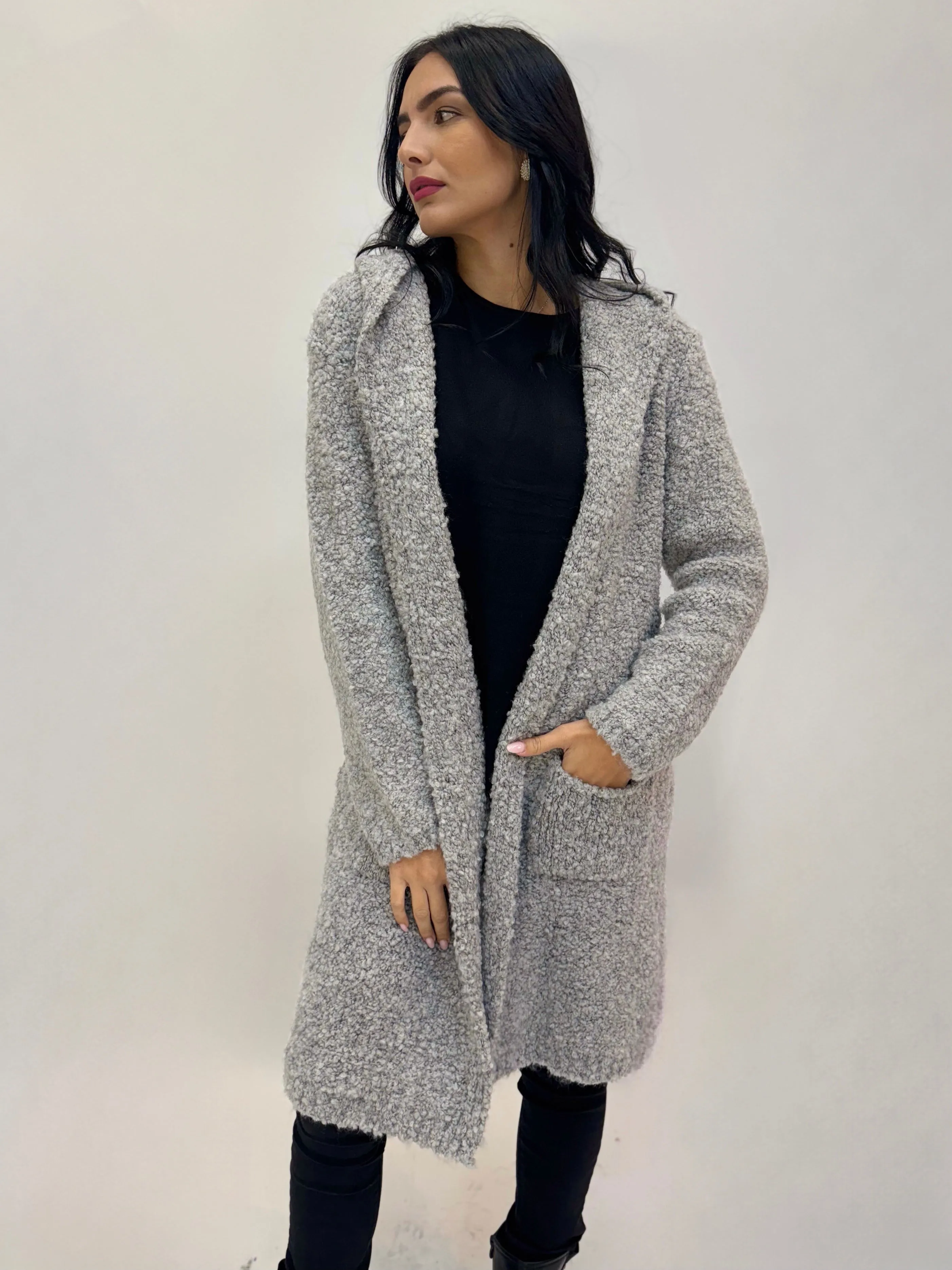 Cardigan effetto peluche con cappuccio in misto lana