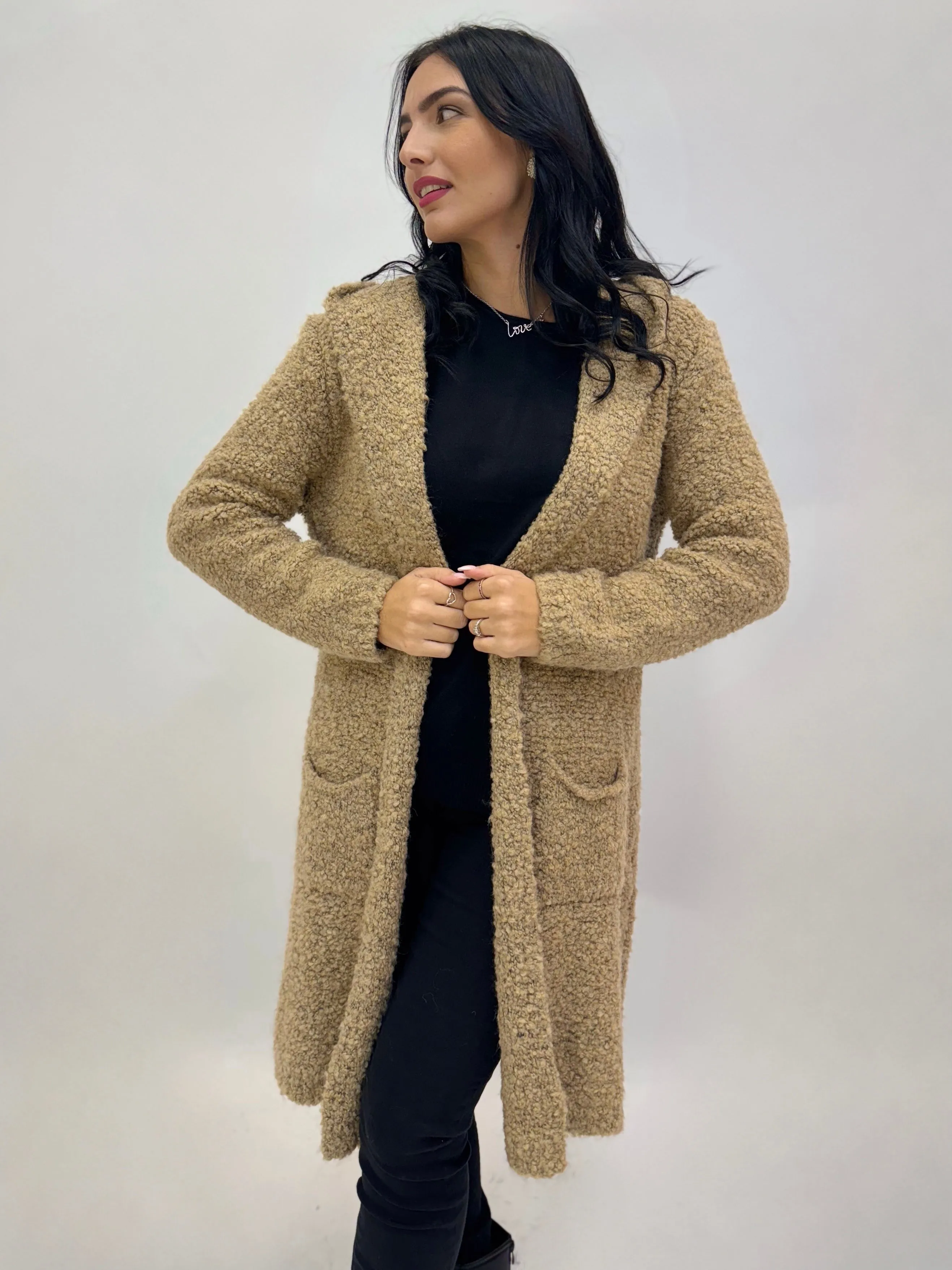 Cardigan effetto peluche con cappuccio in misto lana