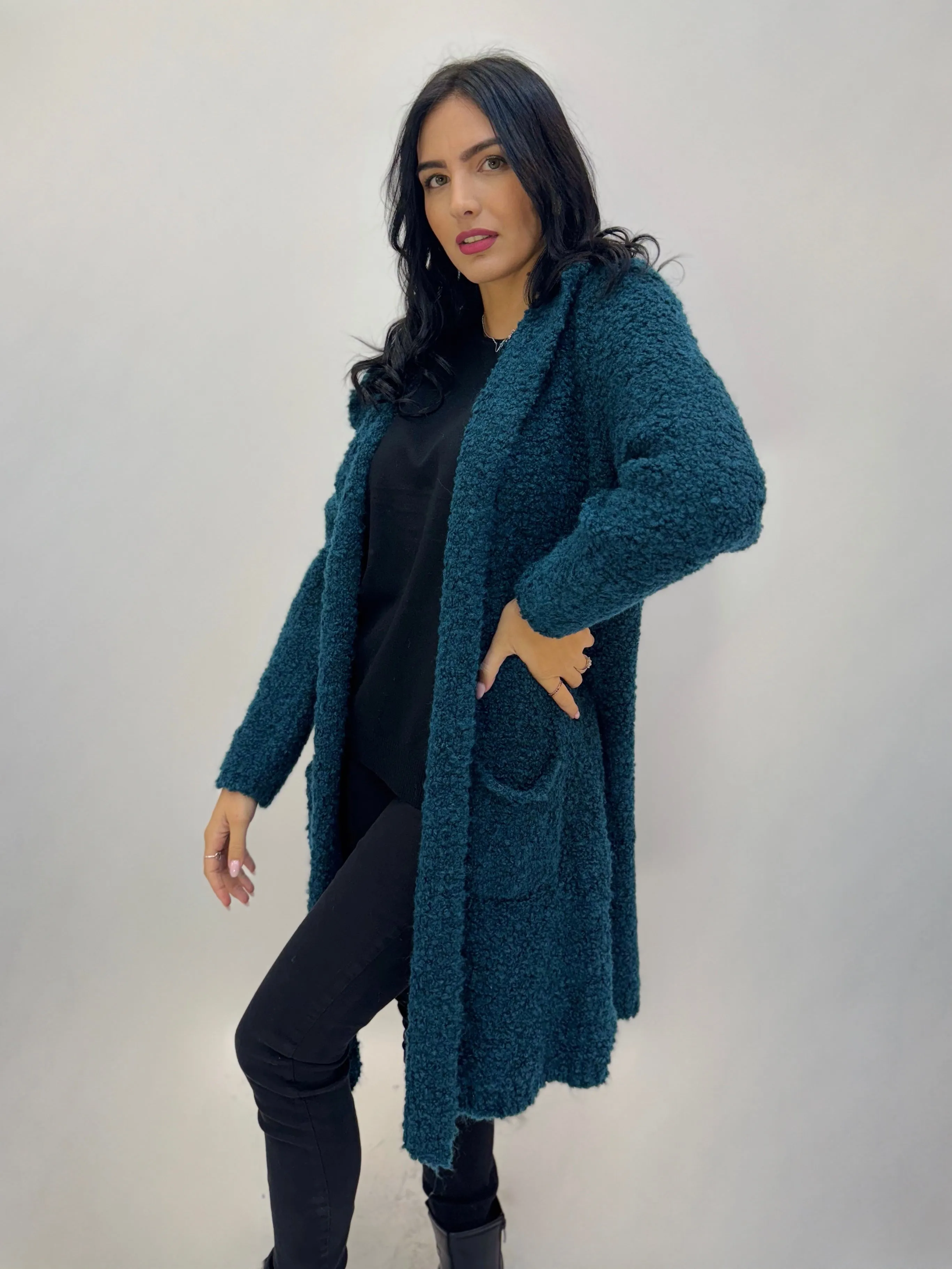 Cardigan effetto peluche con cappuccio in misto lana