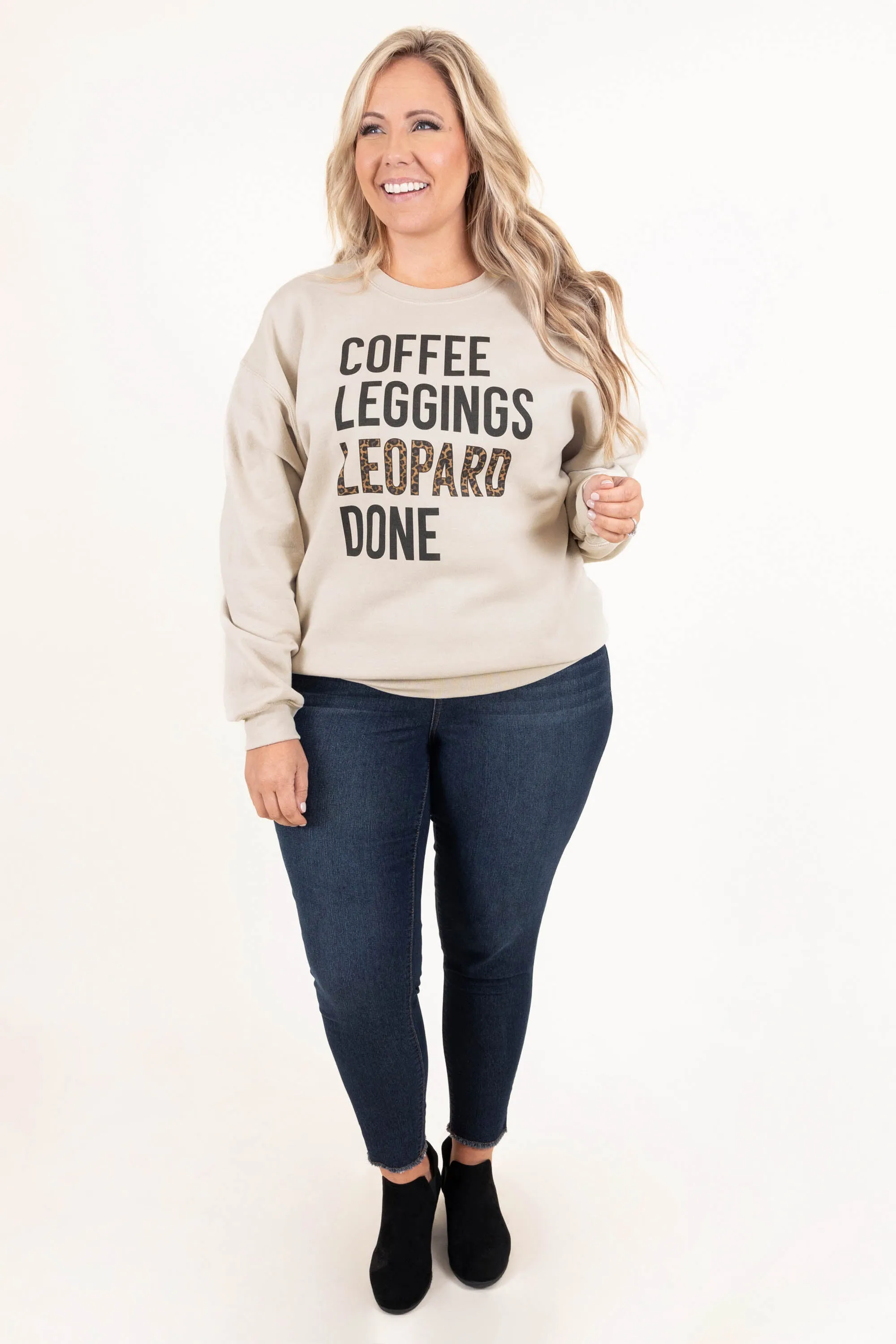 Coffee, Leggings, and Leopard Sweatshirt, Sand