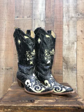 Corral Bone Vintage Lizard Overlay Western Boots - Black