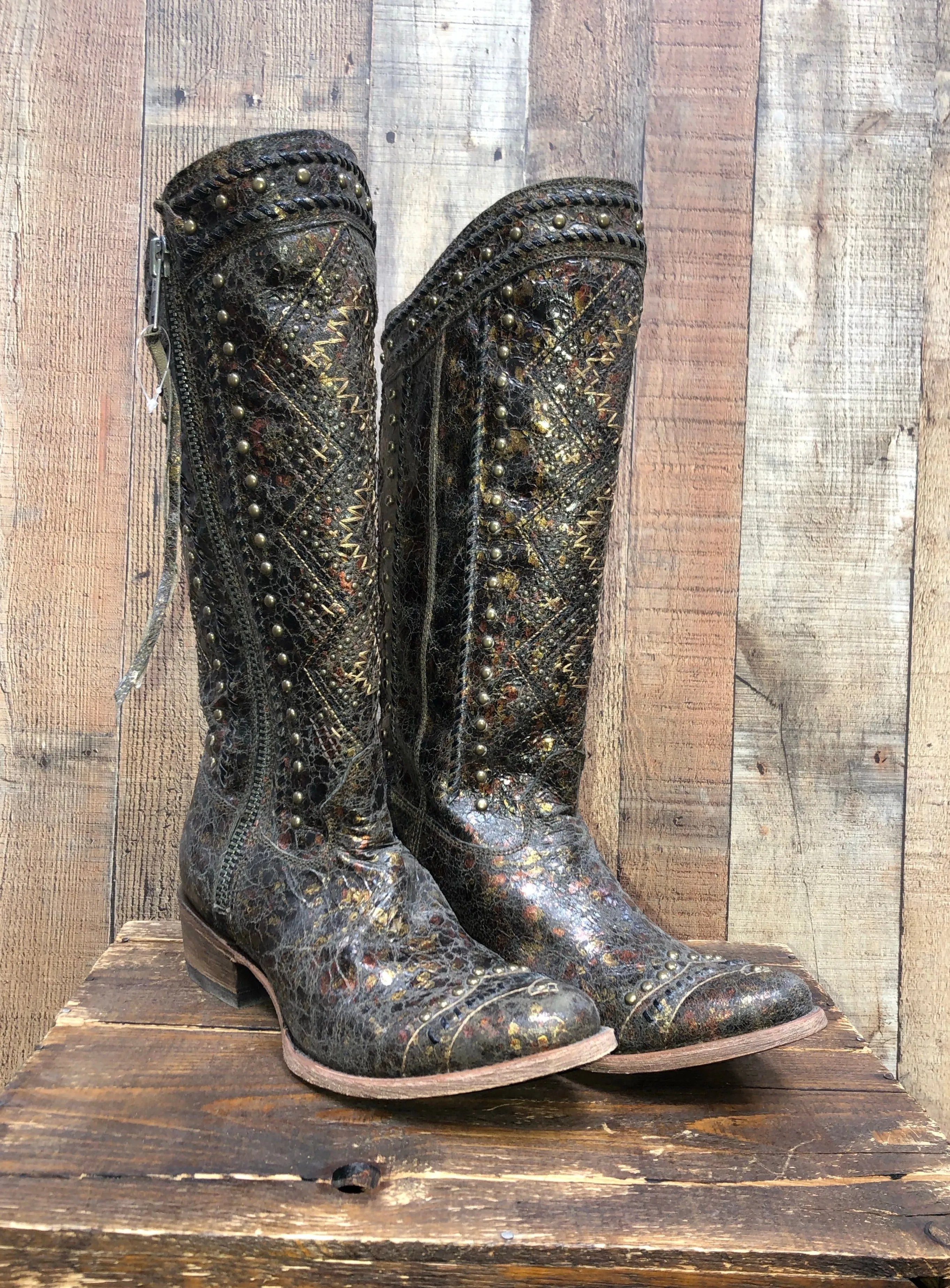 Corral Distressed Aztec Studded Zipper Boots - Brown/Gold