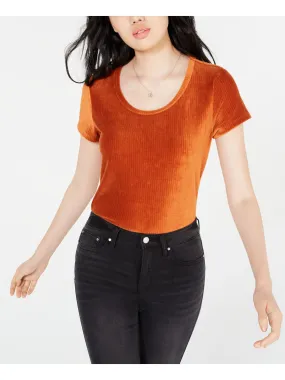 CRAVE FAME Womens Orange Corduroy Short Sleeve Scoop Neck Top