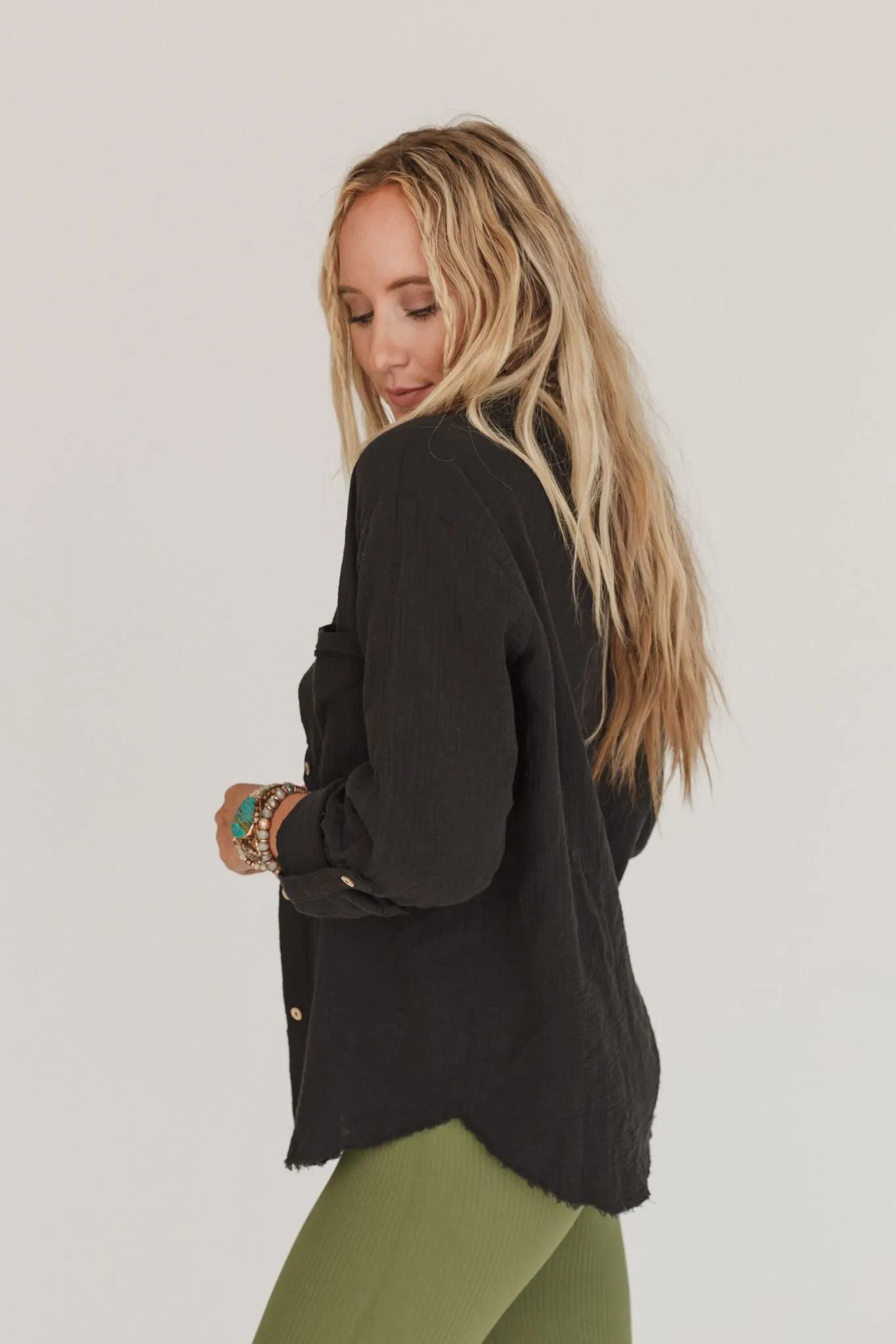 Deema Double Gauze Button Down Top - Black