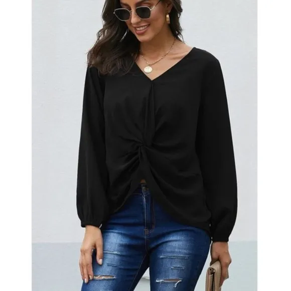 DOWN TO BUSINESS V-Neck Blouse Black