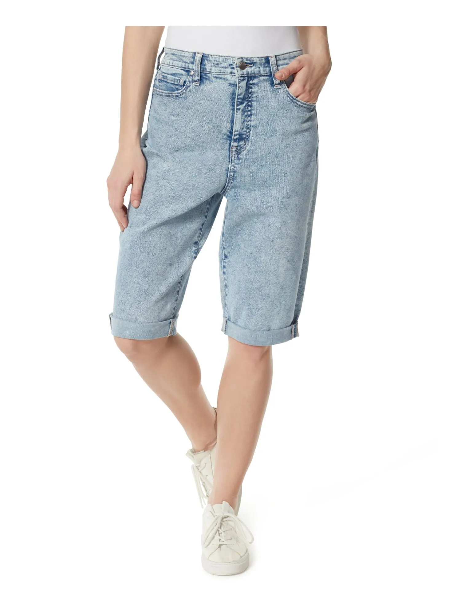 FRAYED JEANS Womens Blue Zippered Pocketed Baggy Extended Bermuda Cuffed High Waist Shorts