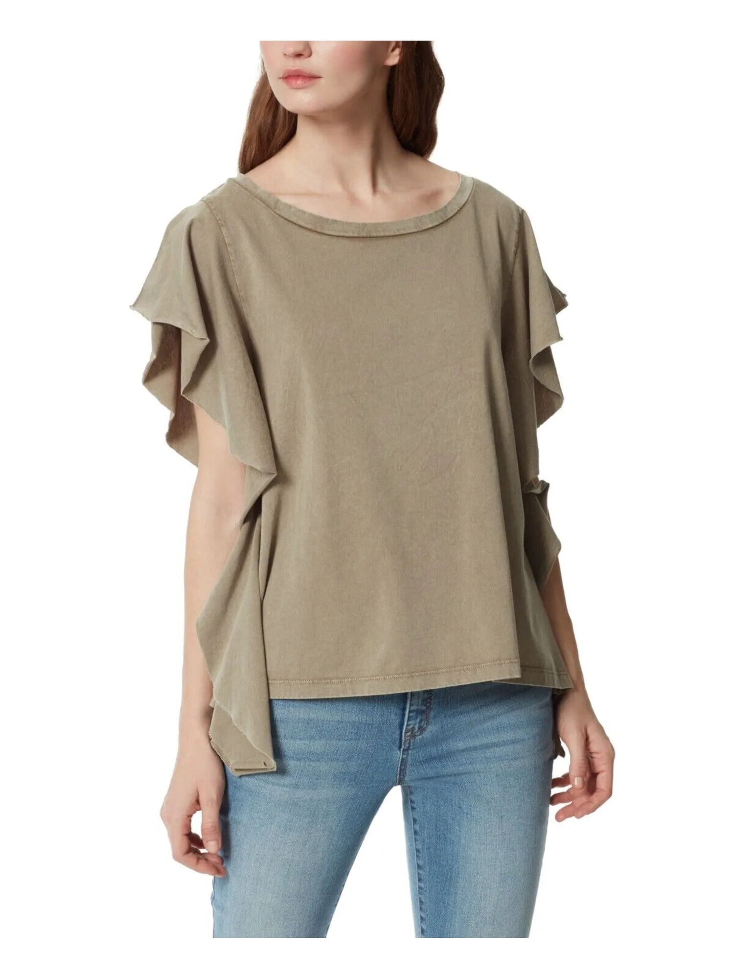 FRAYED JEANS Womens Green Flutter Sleeve Round Neck Top