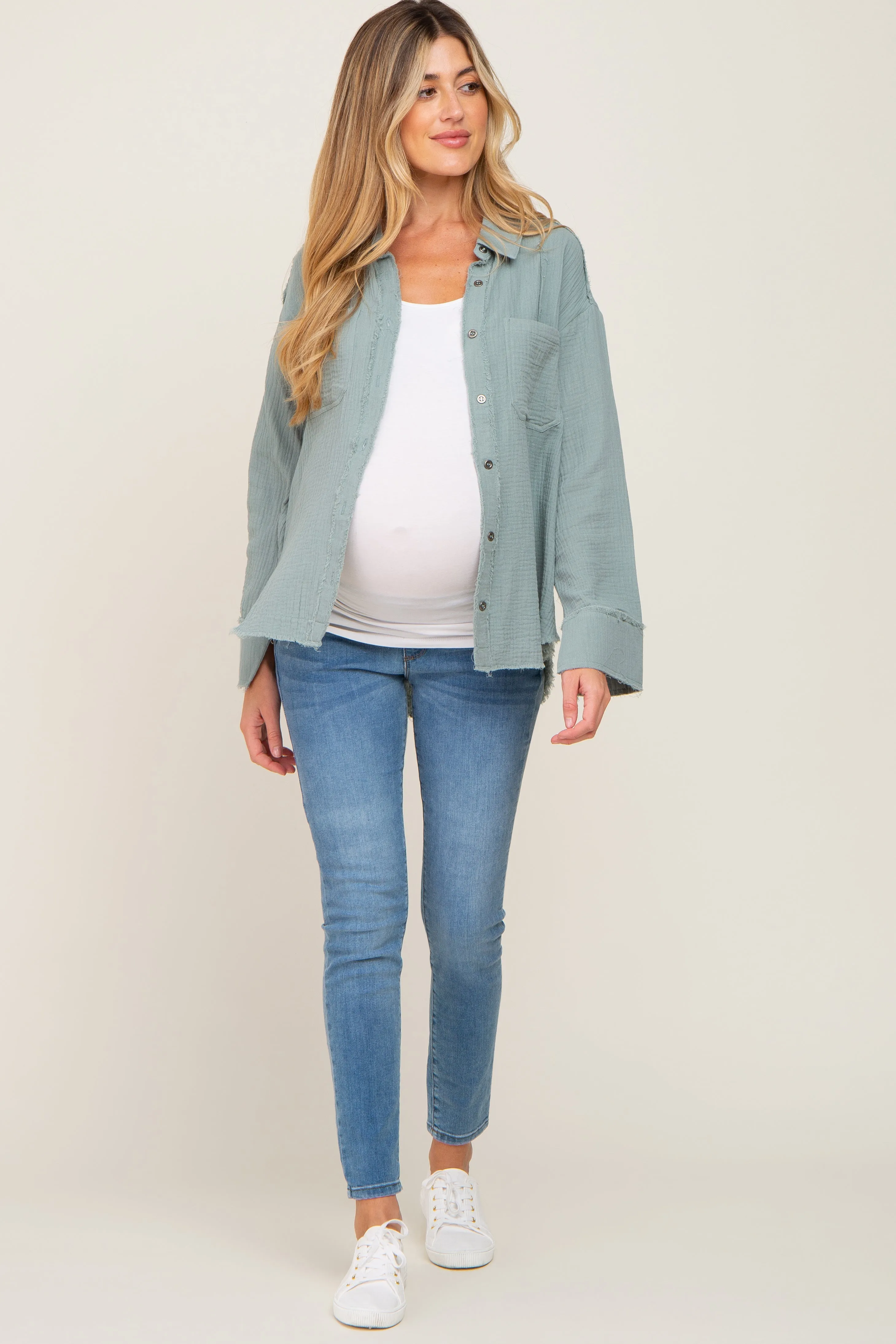 Green Button Down Collared Frayed Maternity Top