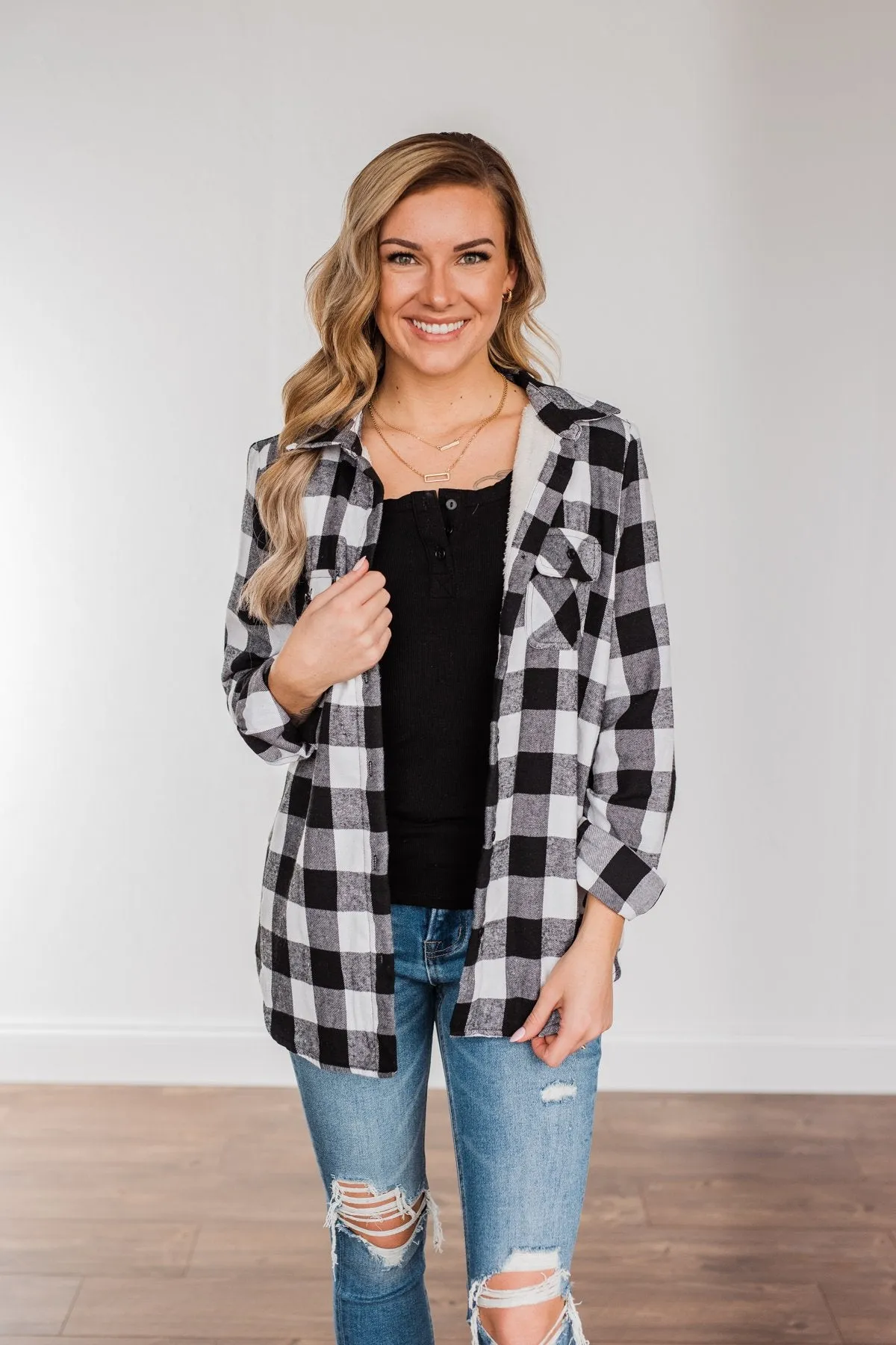 Holiday Wishes Plaid Button Down- Black & Ivory