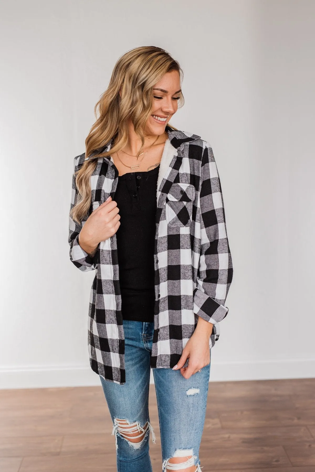 Holiday Wishes Plaid Button Down- Black & Ivory