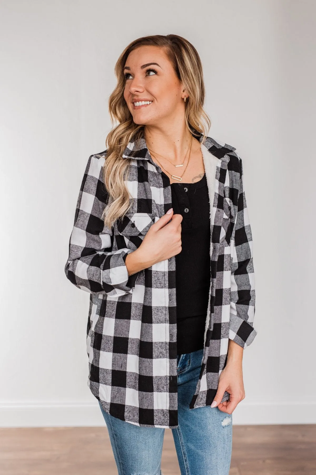 Holiday Wishes Plaid Button Down- Black & Ivory