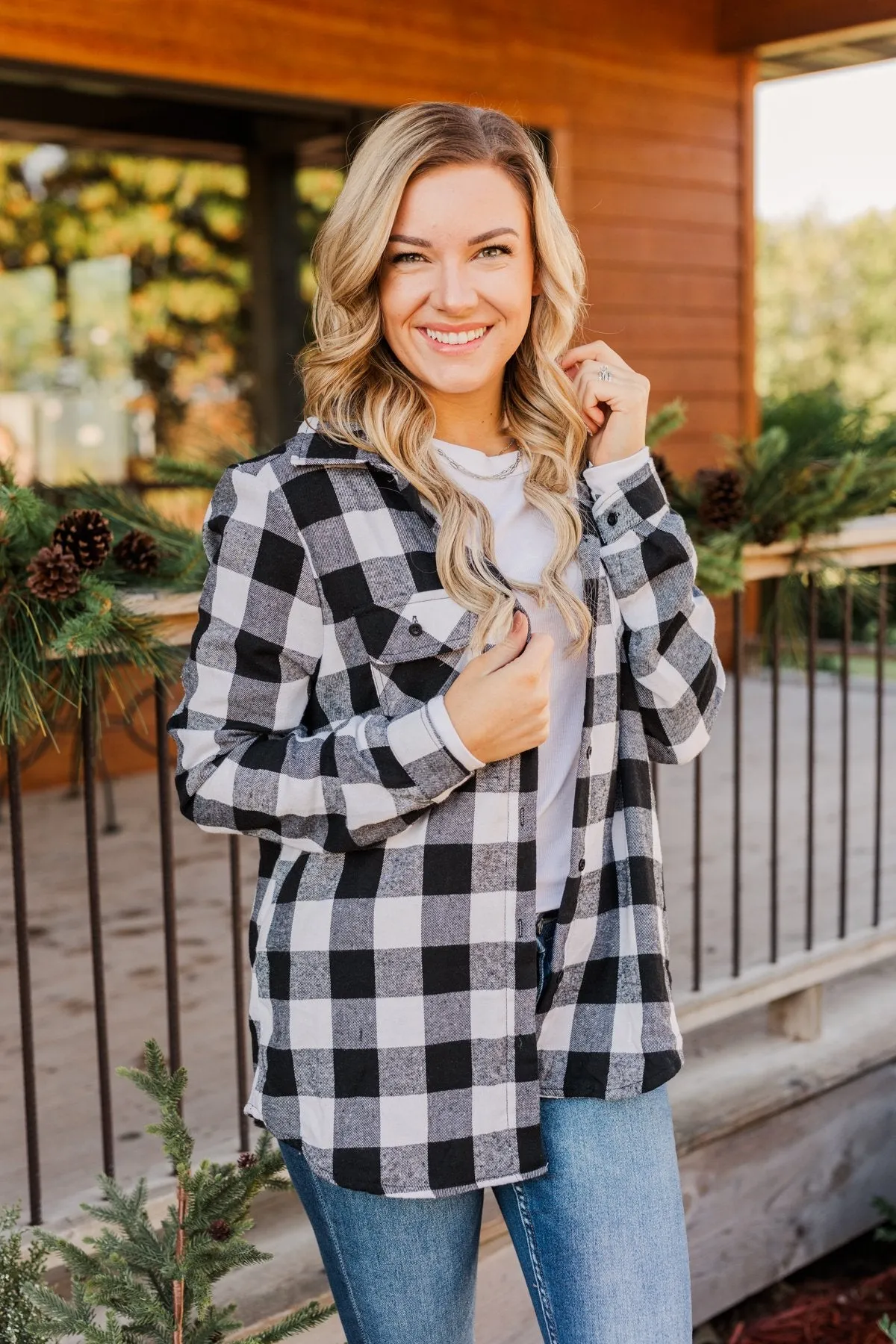 Holiday Wishes Plaid Button Down- Black & Ivory