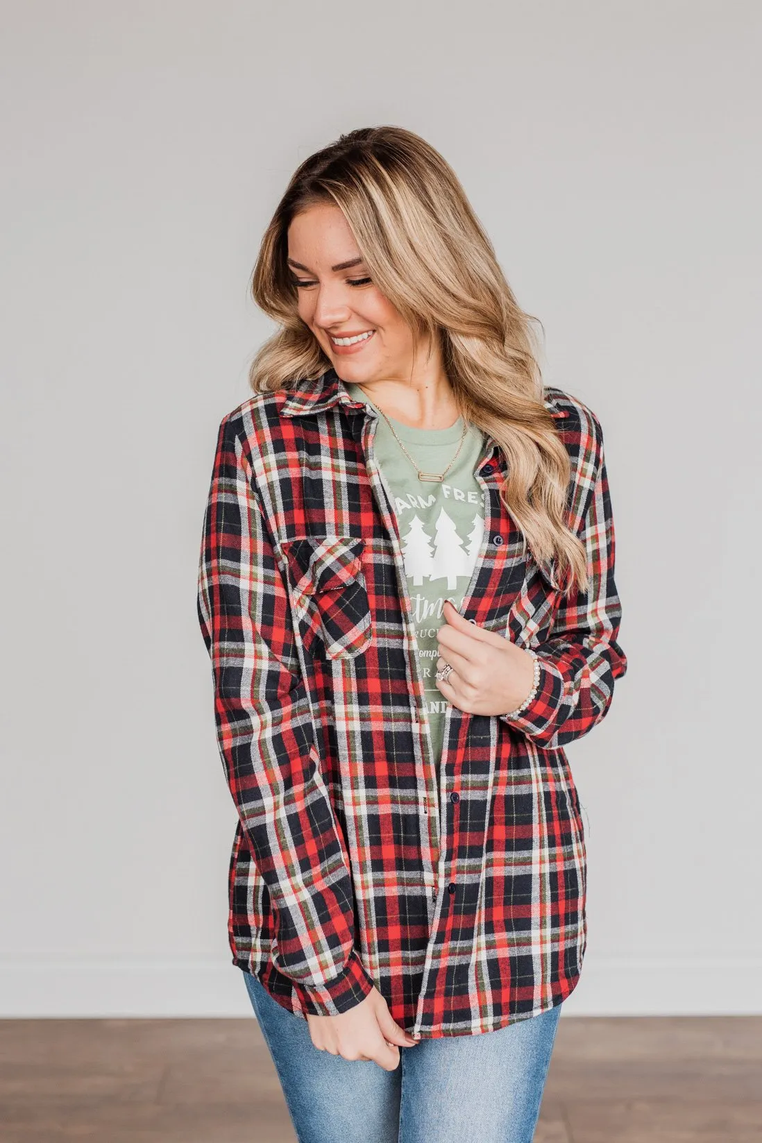 Holiday Wishes Plaid Button Down- Red & Ivory