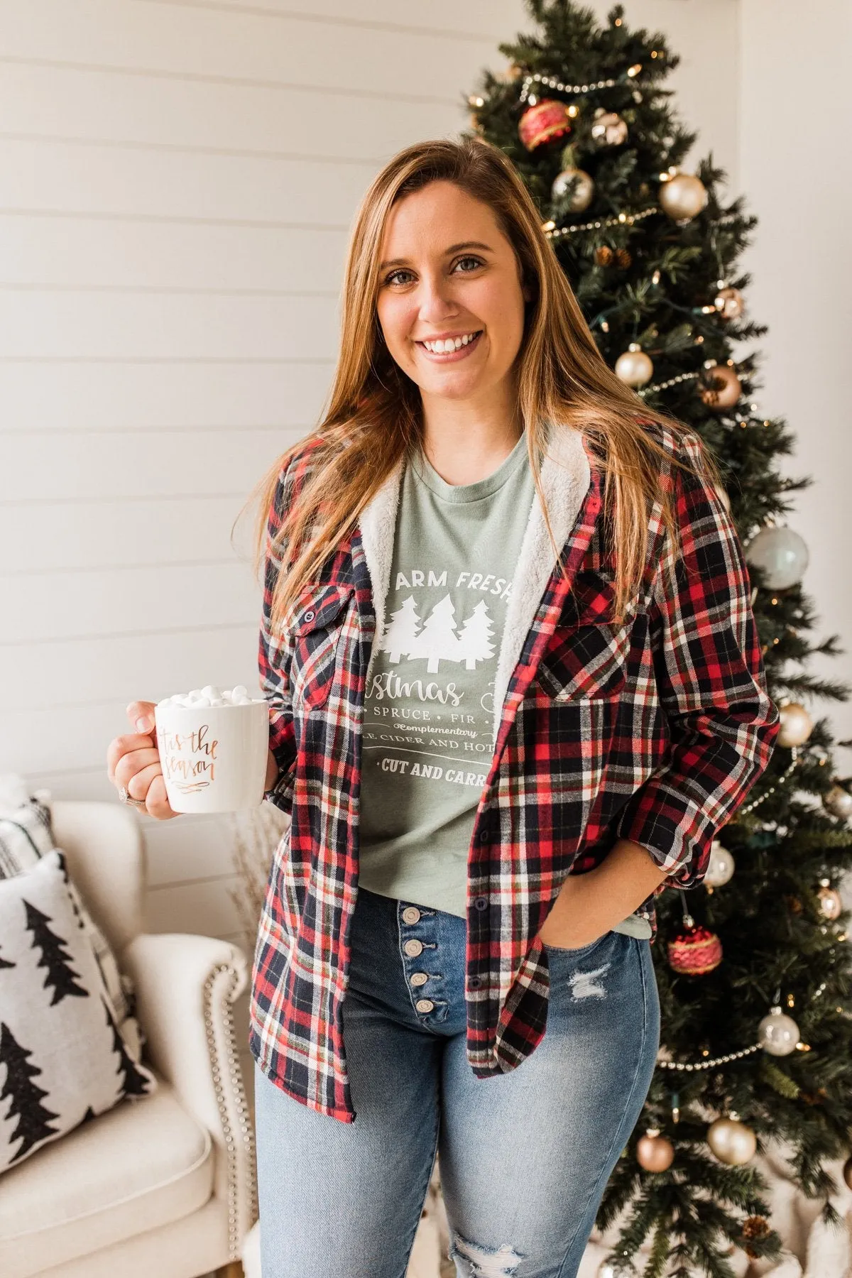 Holiday Wishes Plaid Button Down- Red & Ivory