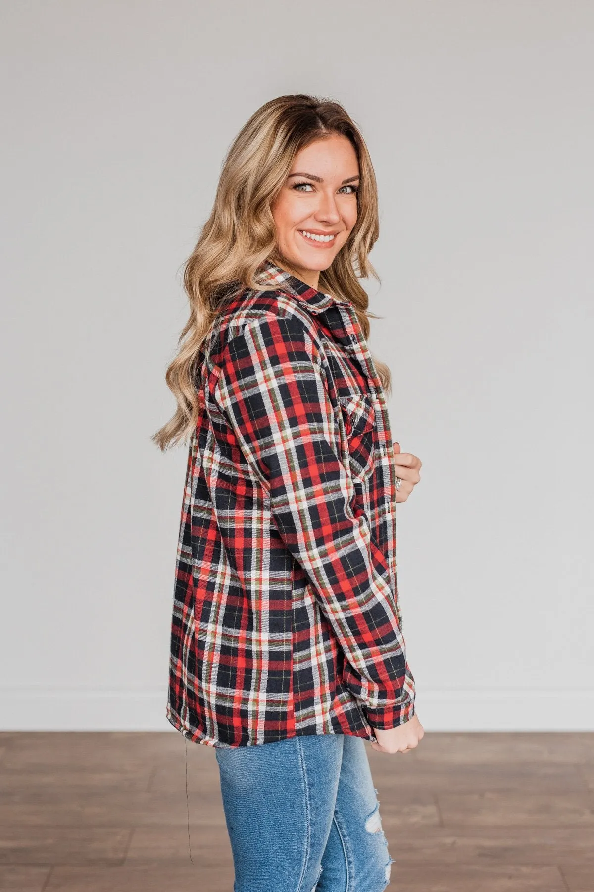 Holiday Wishes Plaid Button Down- Red & Ivory