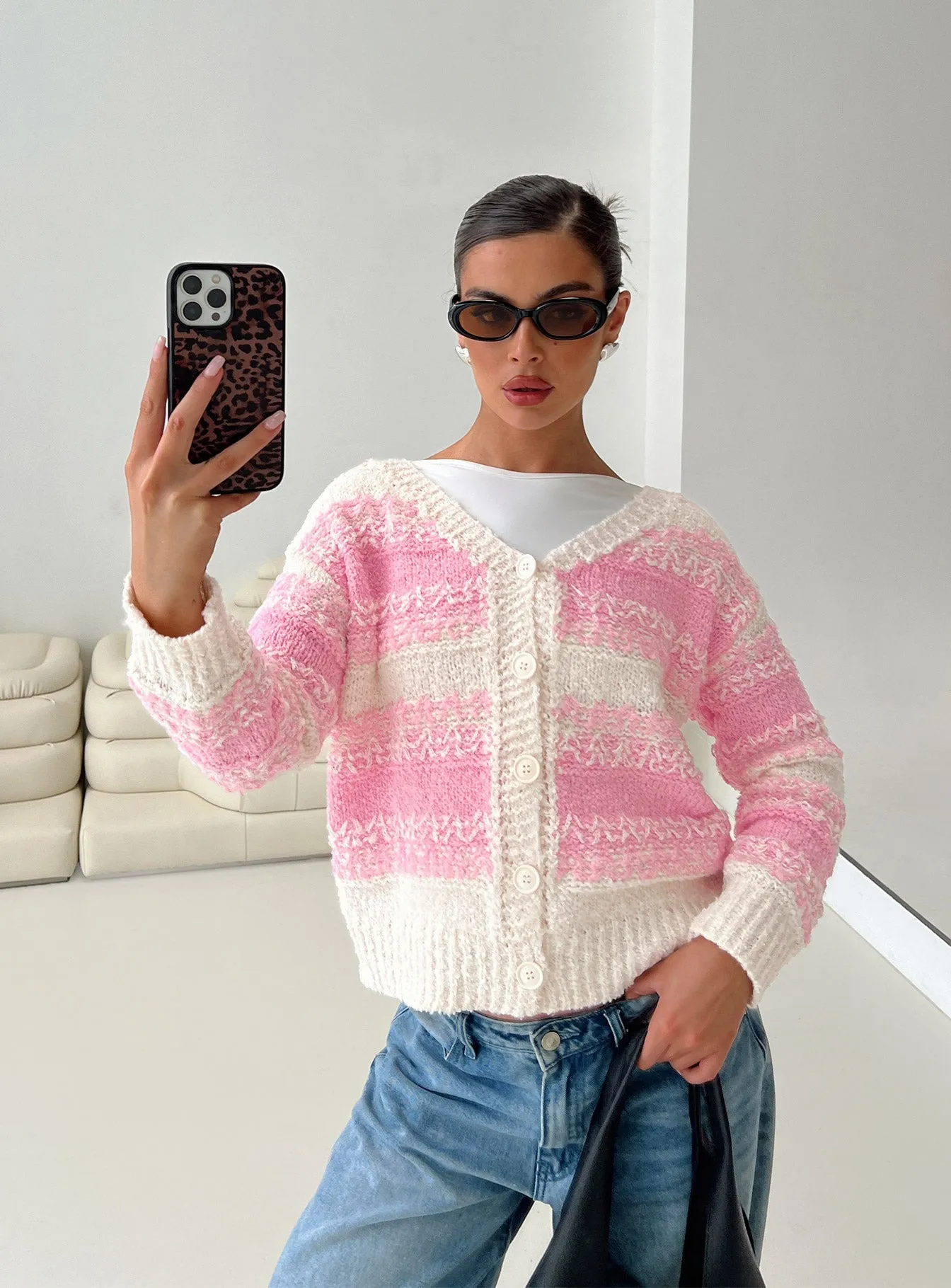 Home Alone Knit Cardigan Pink / White