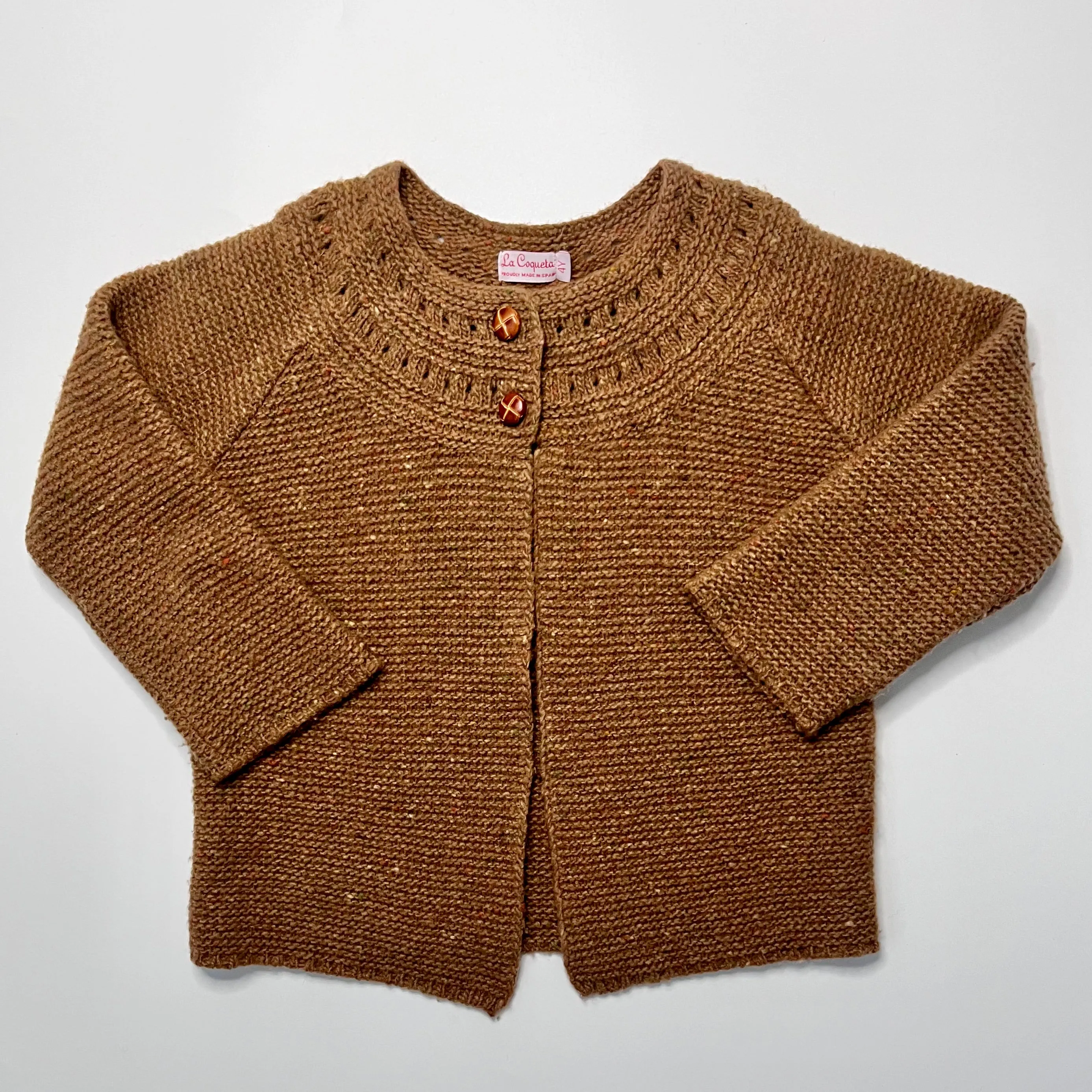 La Coqueta Caramel Wool Mix Cardigan With Leather Buttons: 4 Years