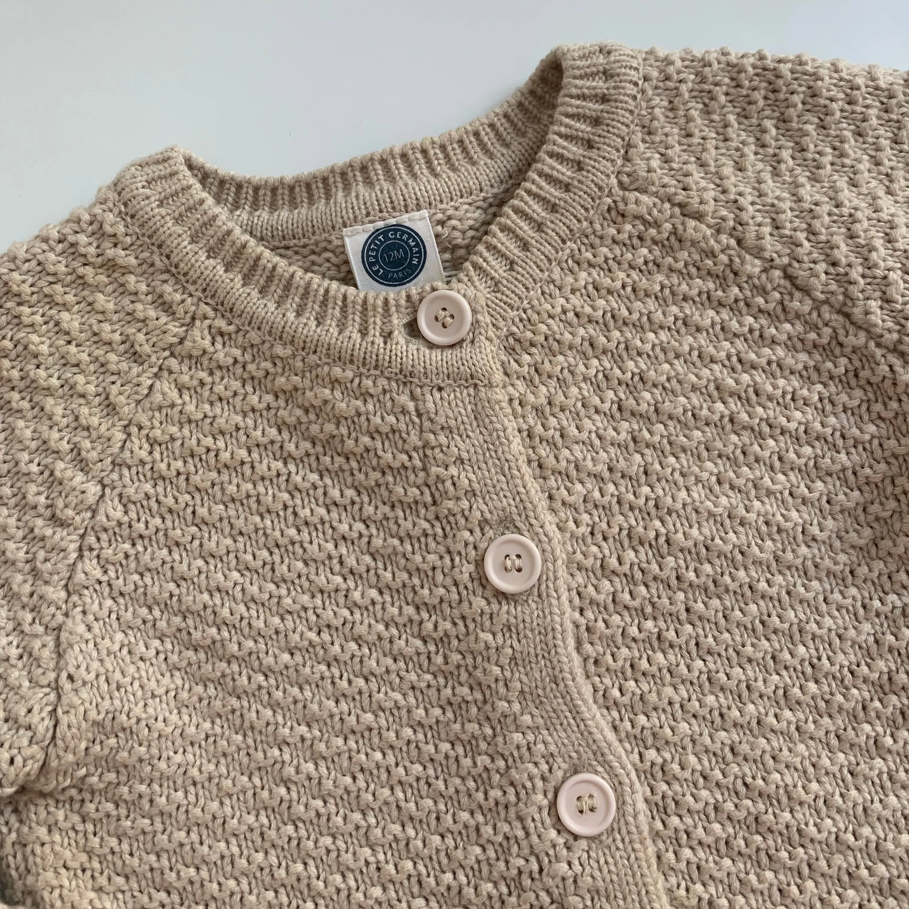 Le Petit Germain Ecru Cable Knit Cardigan: 12 Months