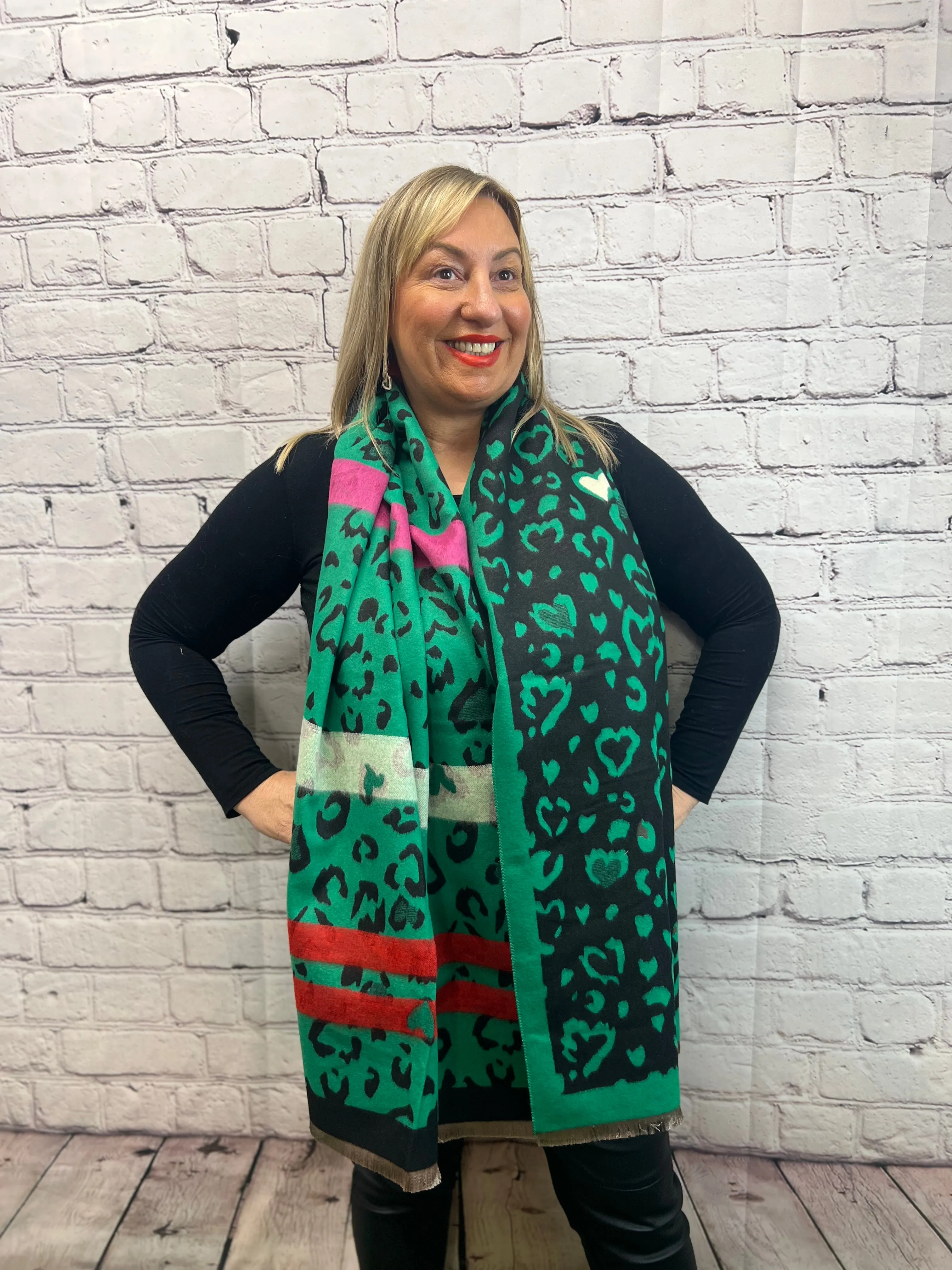 Leopard Heart Stripe Reversable Scarf