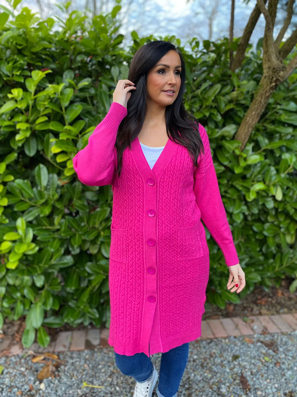 Lipstick Pink Premium Cable Knit Cardigan Vicky