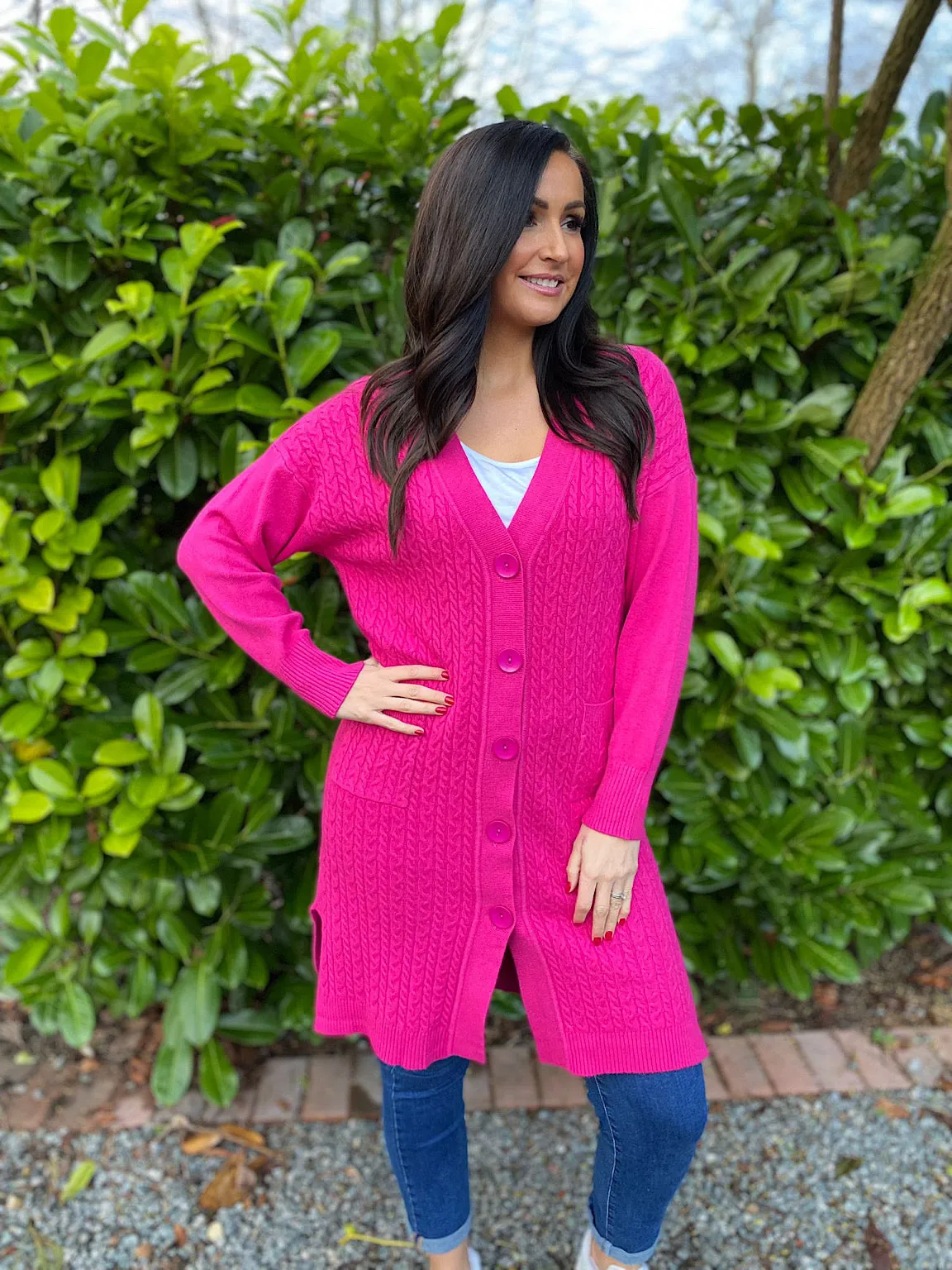 Lipstick Pink Premium Cable Knit Cardigan Vicky