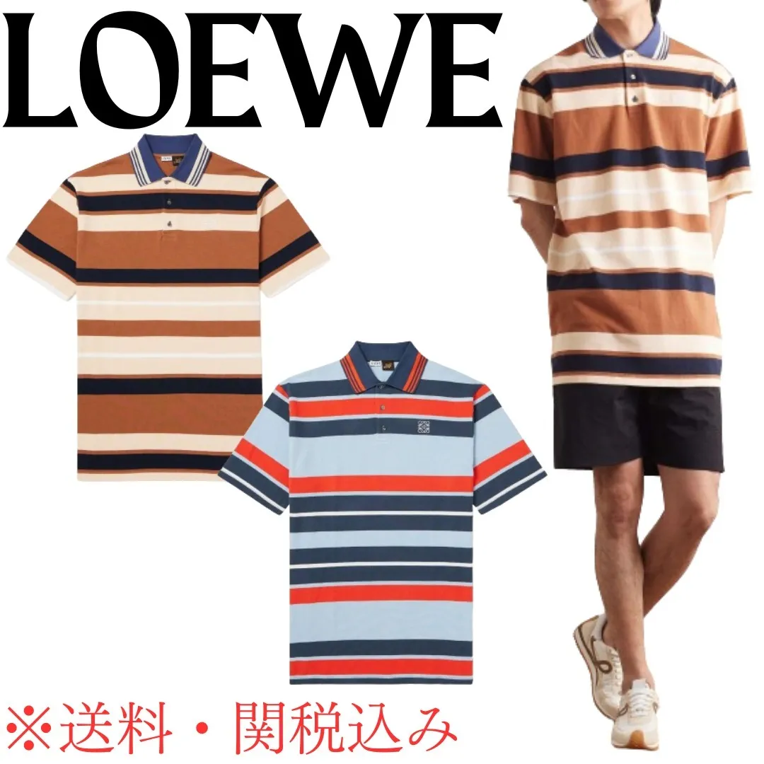 LOEWE  |Pullovers Stripes Linen Cotton Short Sleeves Logo Luxury