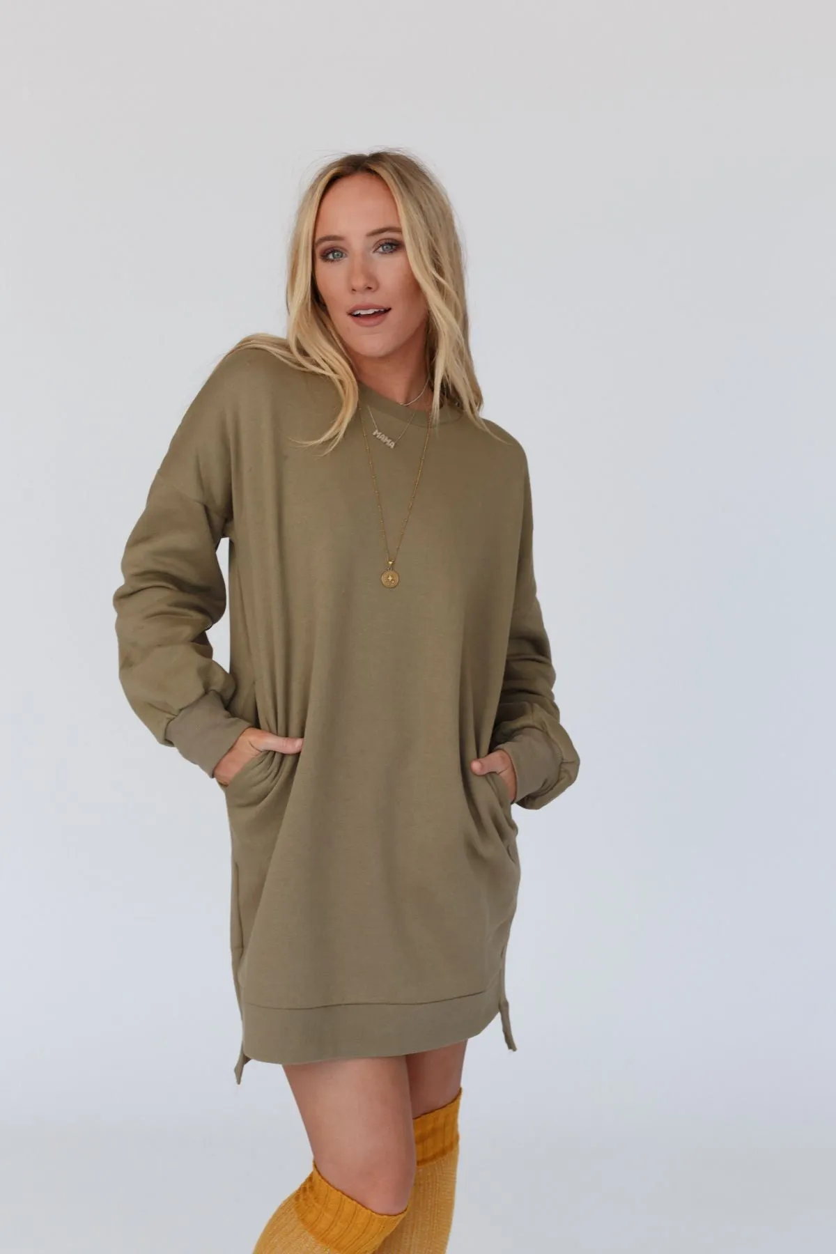 Luna Cozy Sweatshirt Dress - Khaki