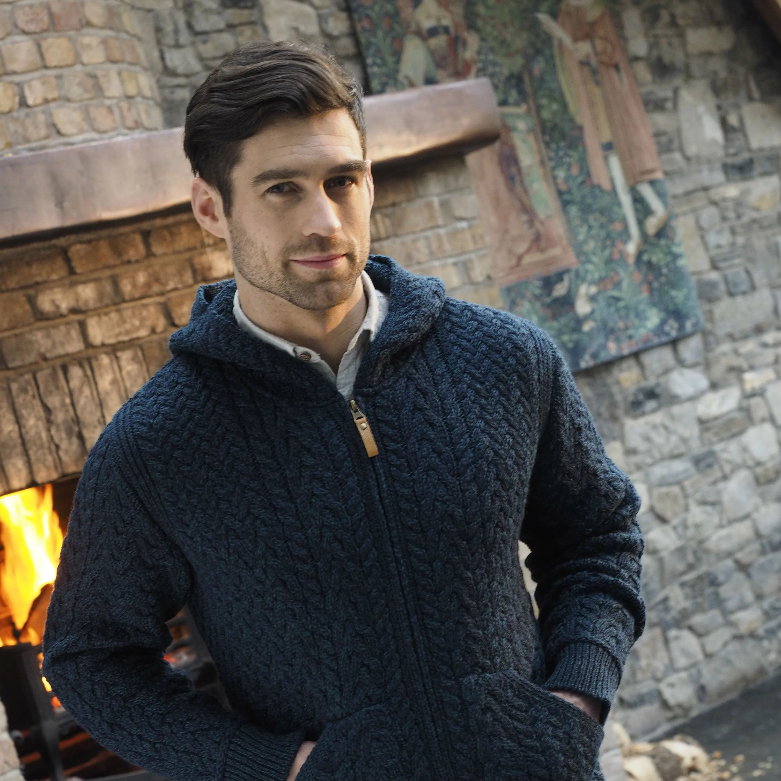 Men's Hooded Aran Zip Cardigan