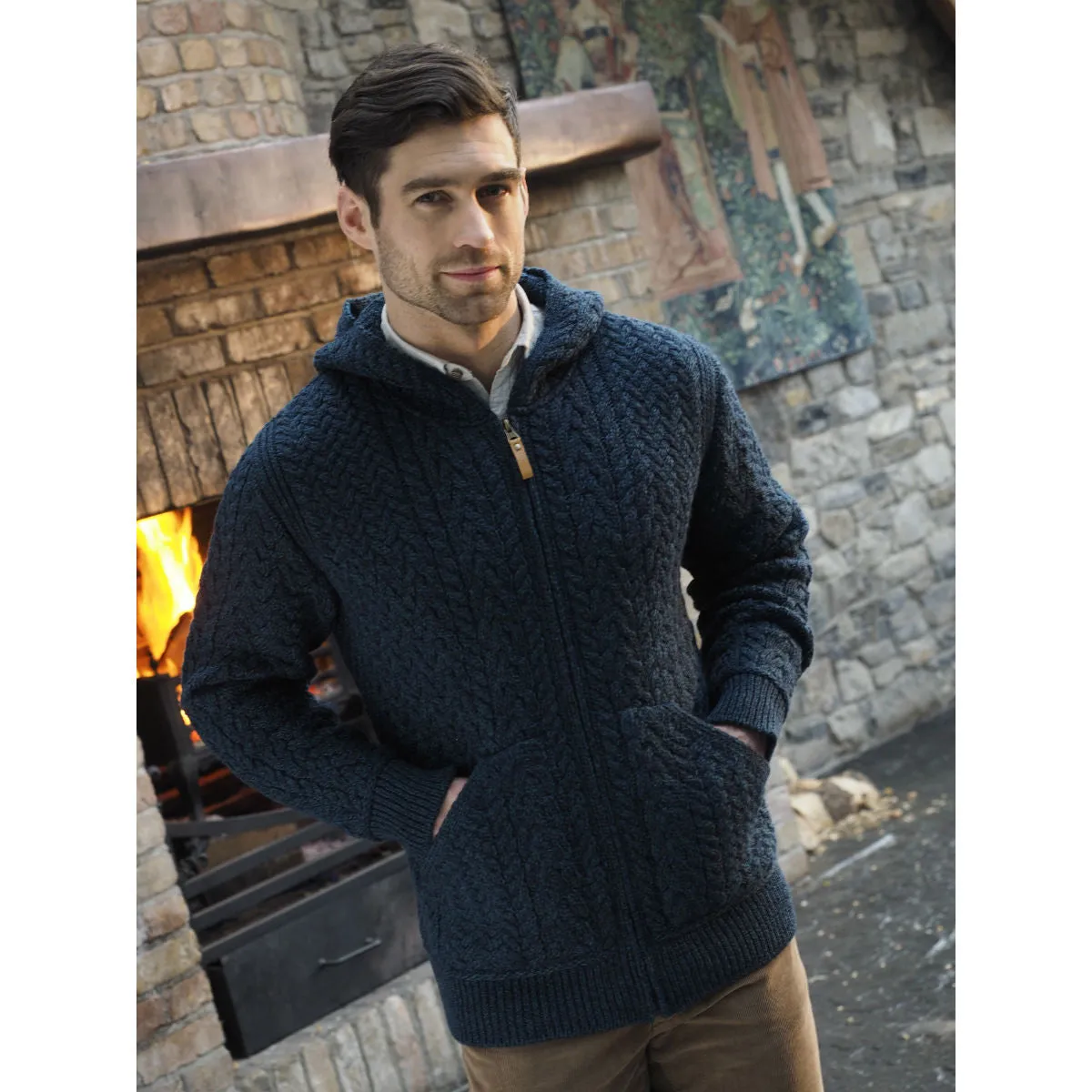 Men's Hooded Aran Zip Cardigan