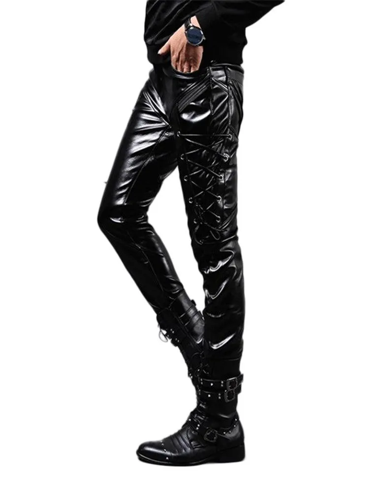 Men's Punk Style Skinny Lace Up Party Stage Performance Night Club Steampunk Faux PU Leather Pants